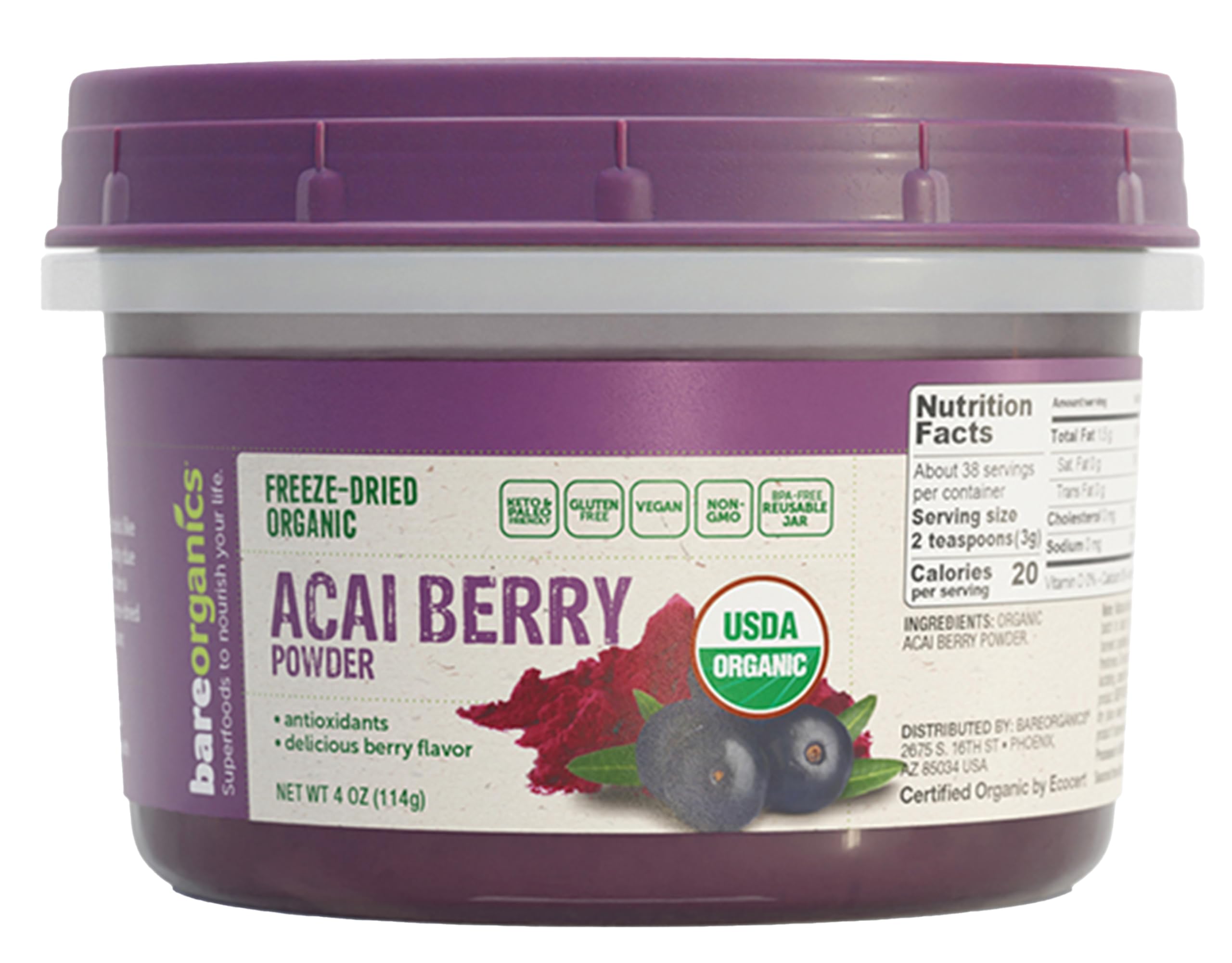 BareOrganics Acai Juice Powder 4oz jar front view
