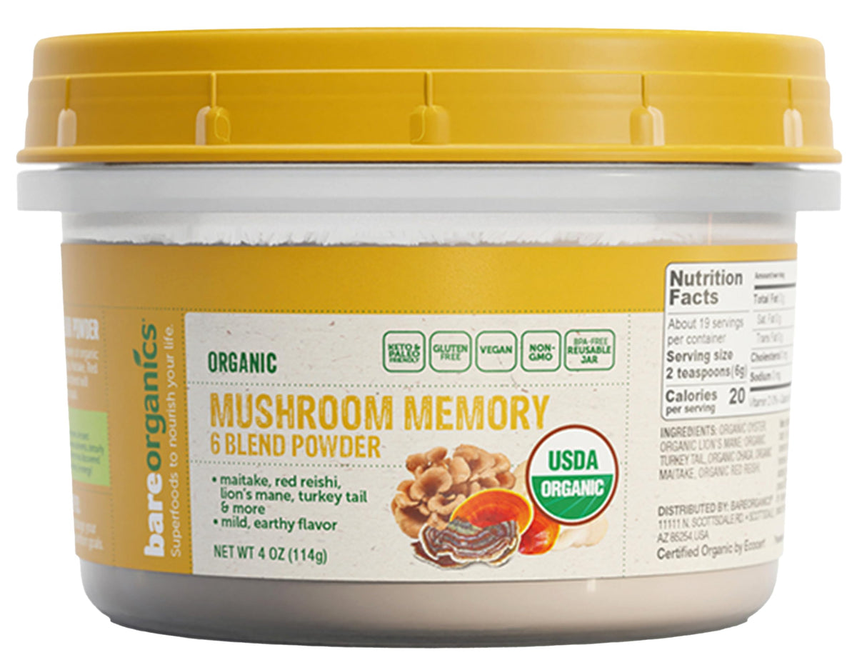 BareOrganics Mushroom Memory Blend Powder jar front view