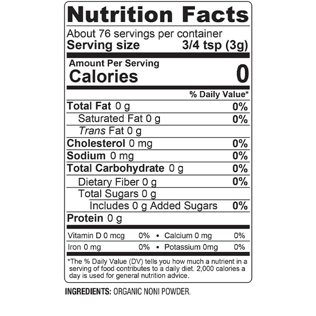 BareOrganics Organic Noni Fruit Powder packaging with ingredients list