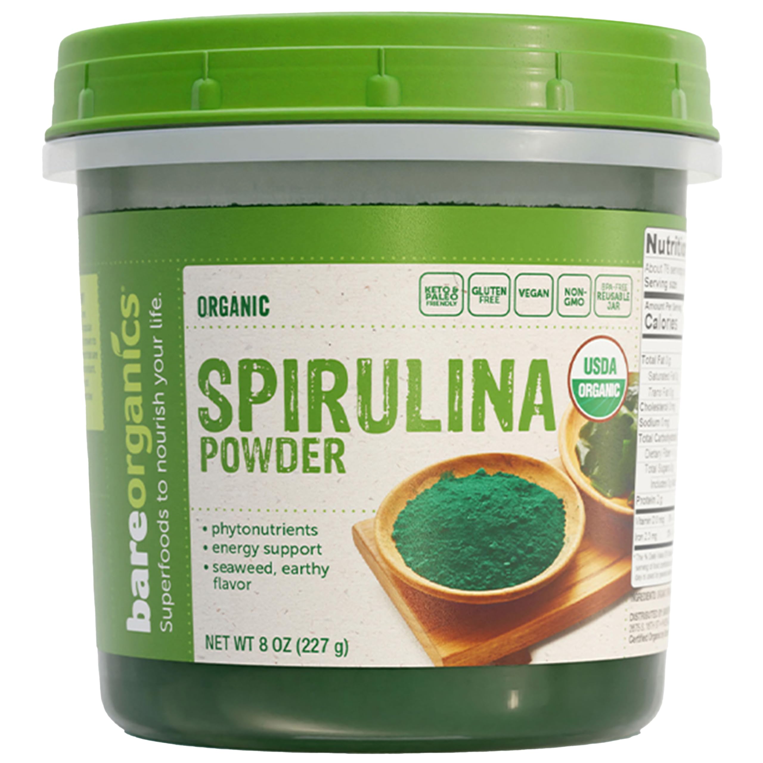 BareOrganics Organic Spirulina Powder 227g front view with packaging
