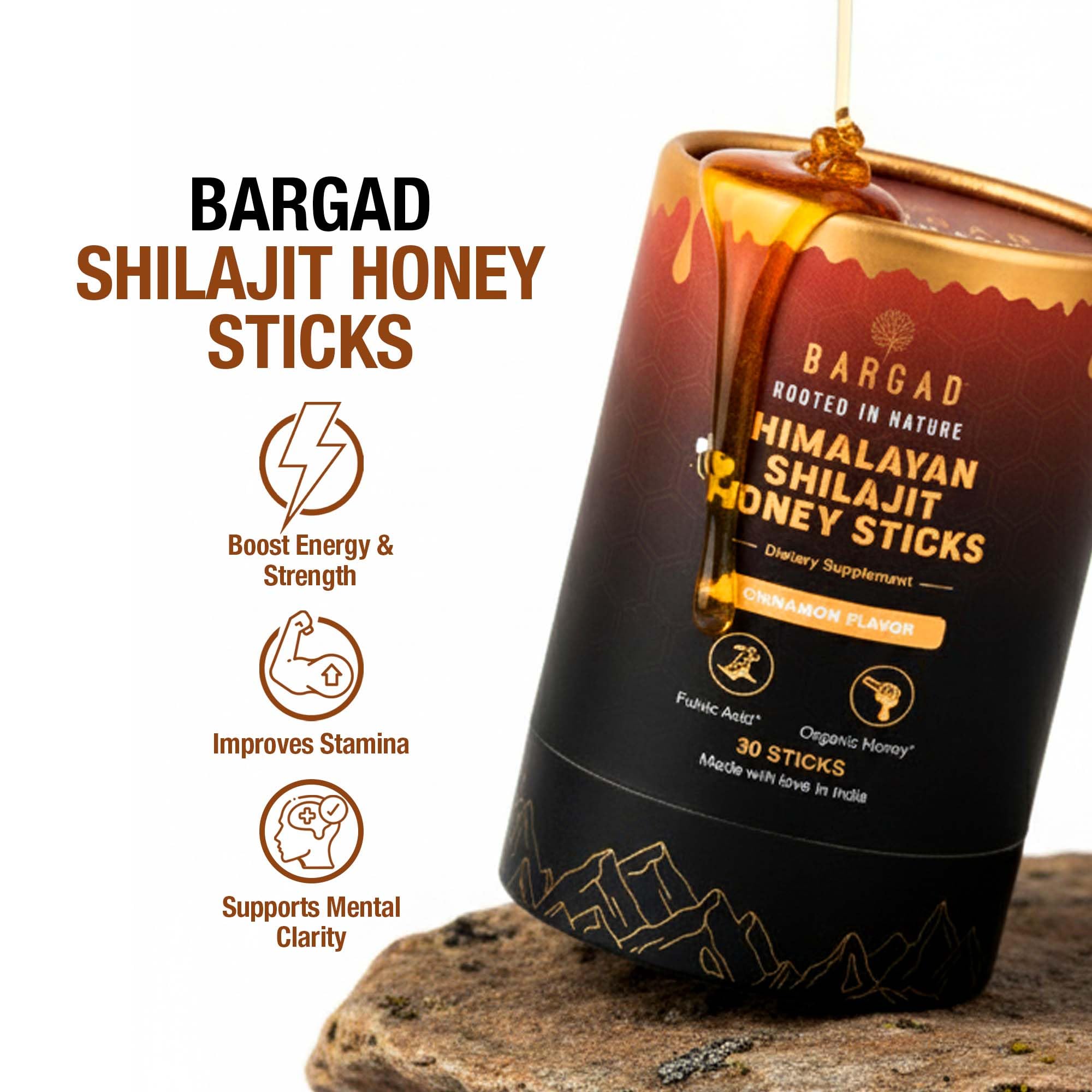 Bargad Shilajit Dark Chocolate Honey Sticks on a wooden table