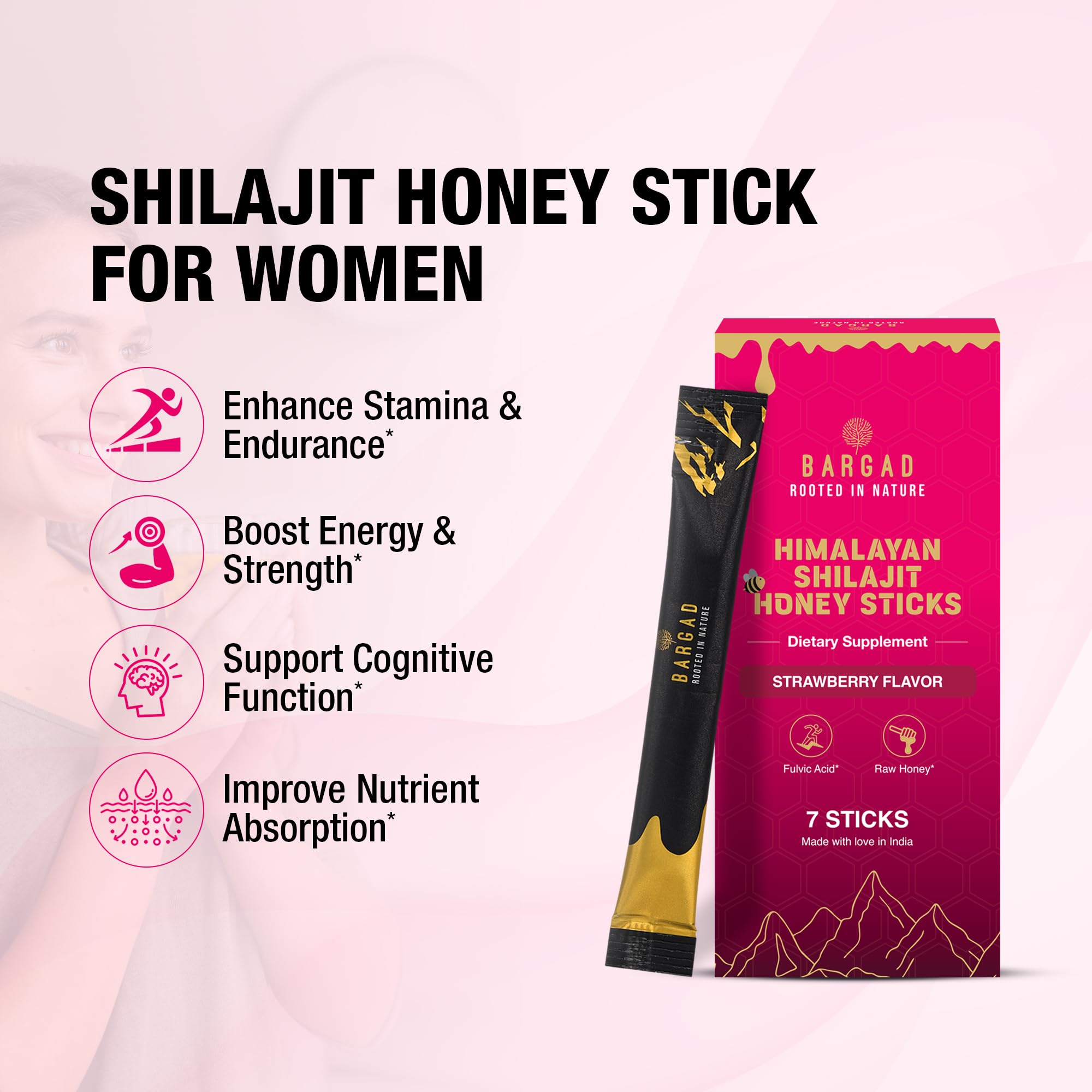 Bargad Shilajit Strawberry Honey Sticks displayed with honey