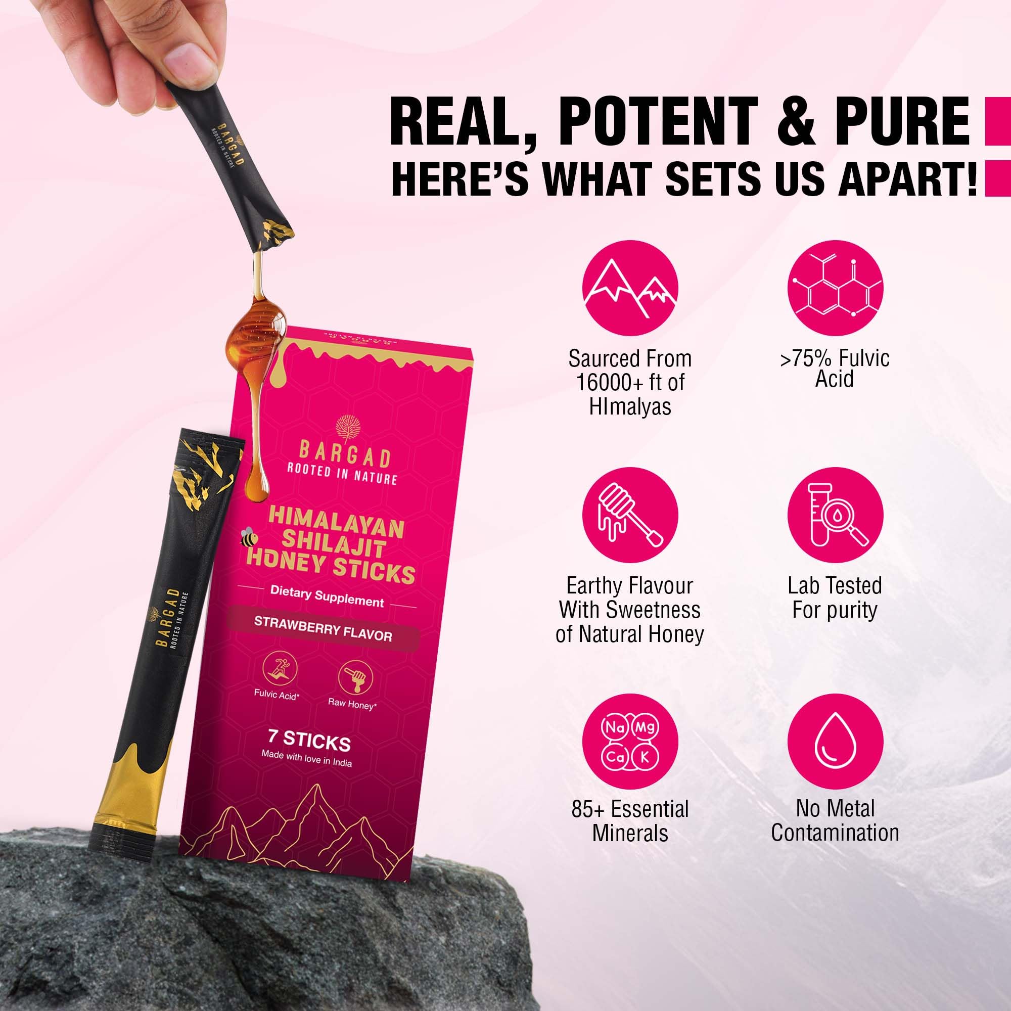 Bargad Shilajit Strawberry Honey Sticks in a lifestyle setting