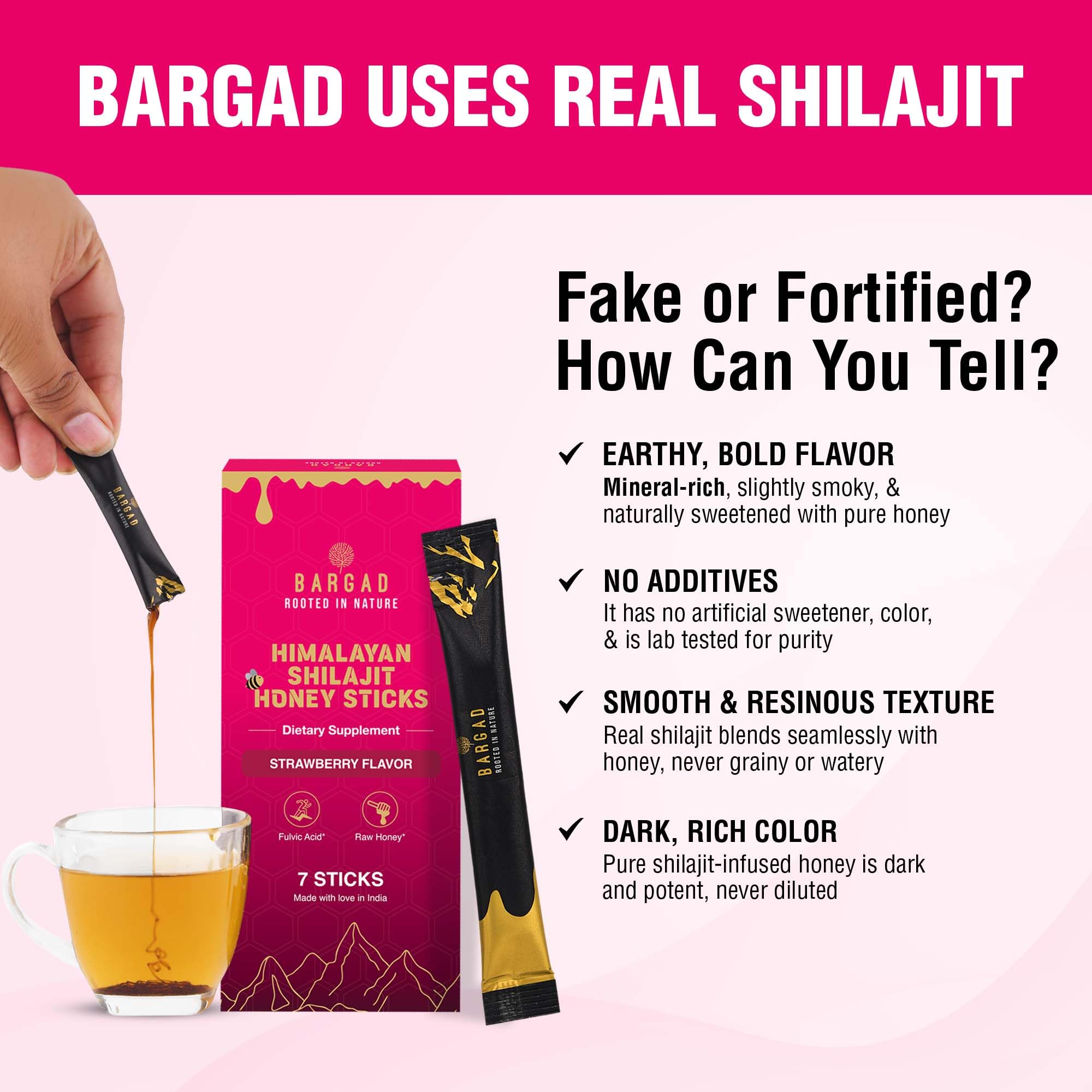 Bargad Shilajit Strawberry Honey Sticks on a wooden table