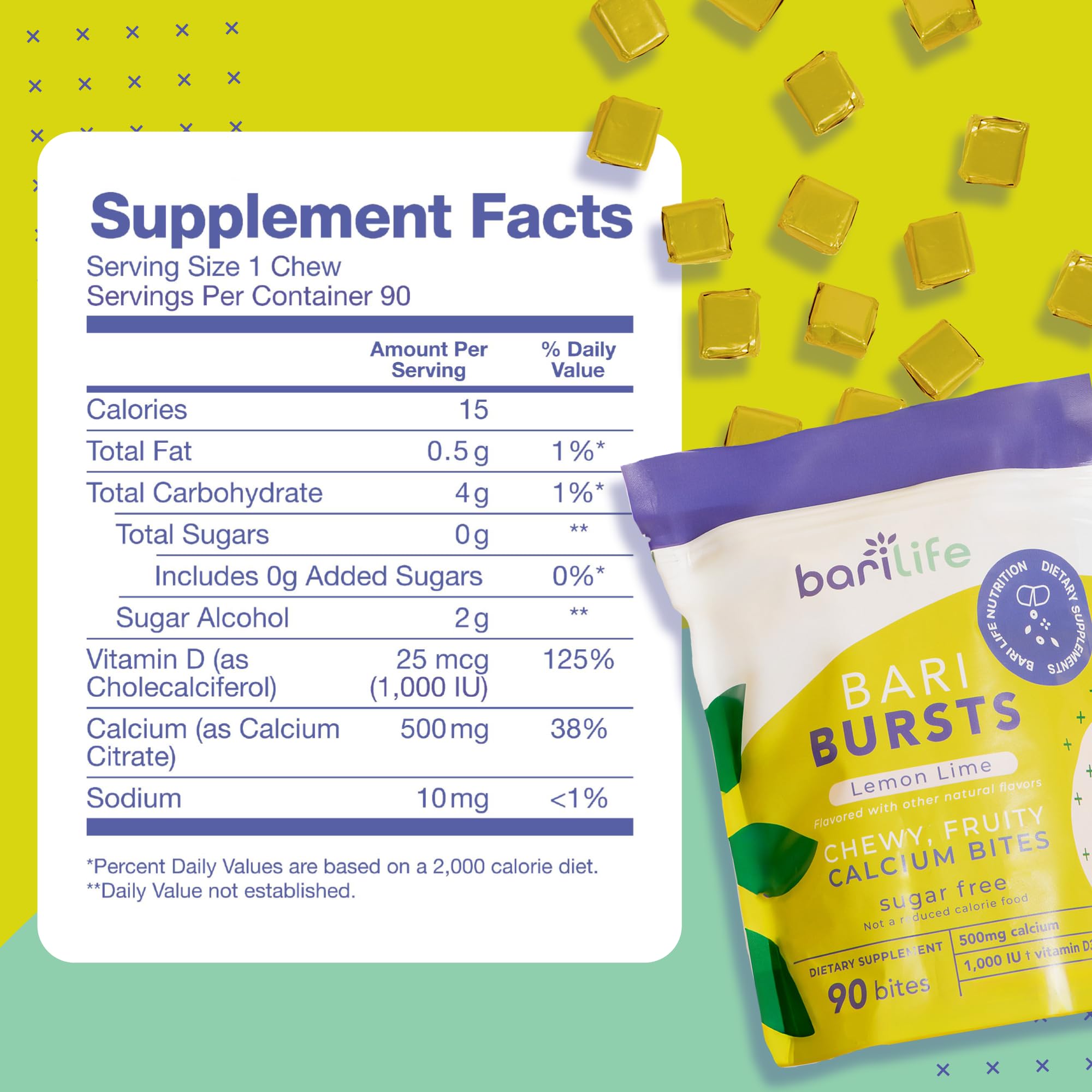 Bari Life BariBurst Calcium Bites lemon lime flavour close-up
