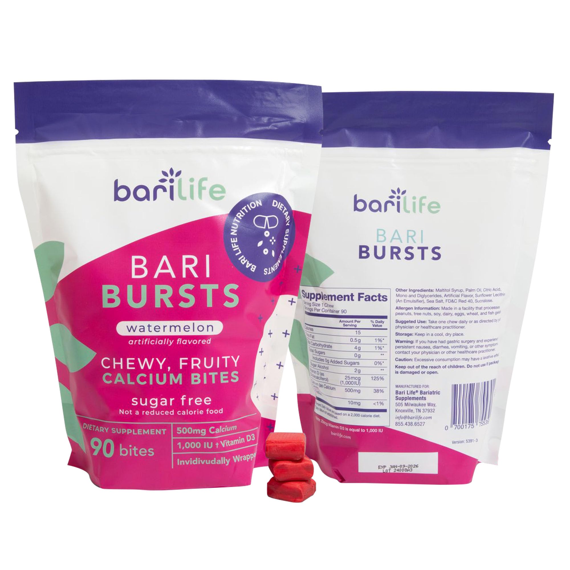 Bari Life Calcium Supplement bottle side view with ingredients list