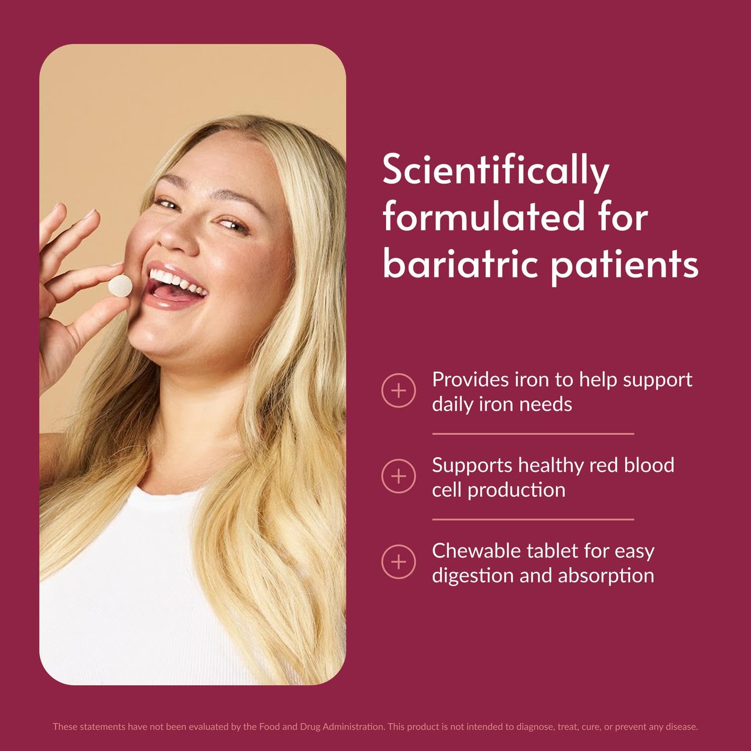 Bariatric Advantage Iron Chewable Tablets side view with dosage details
