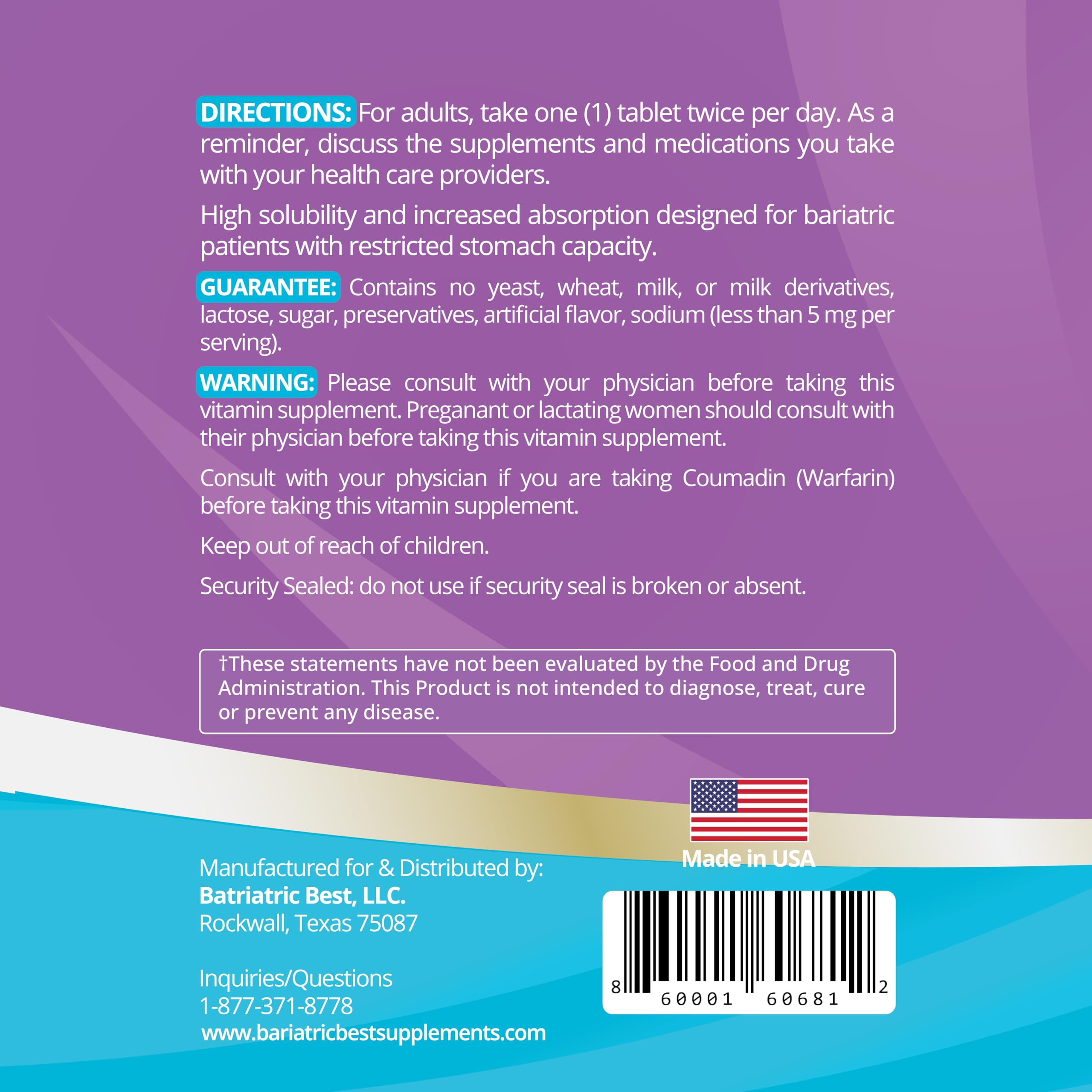 Bariatric Best Supplements Multivitamins back view showing ingredients