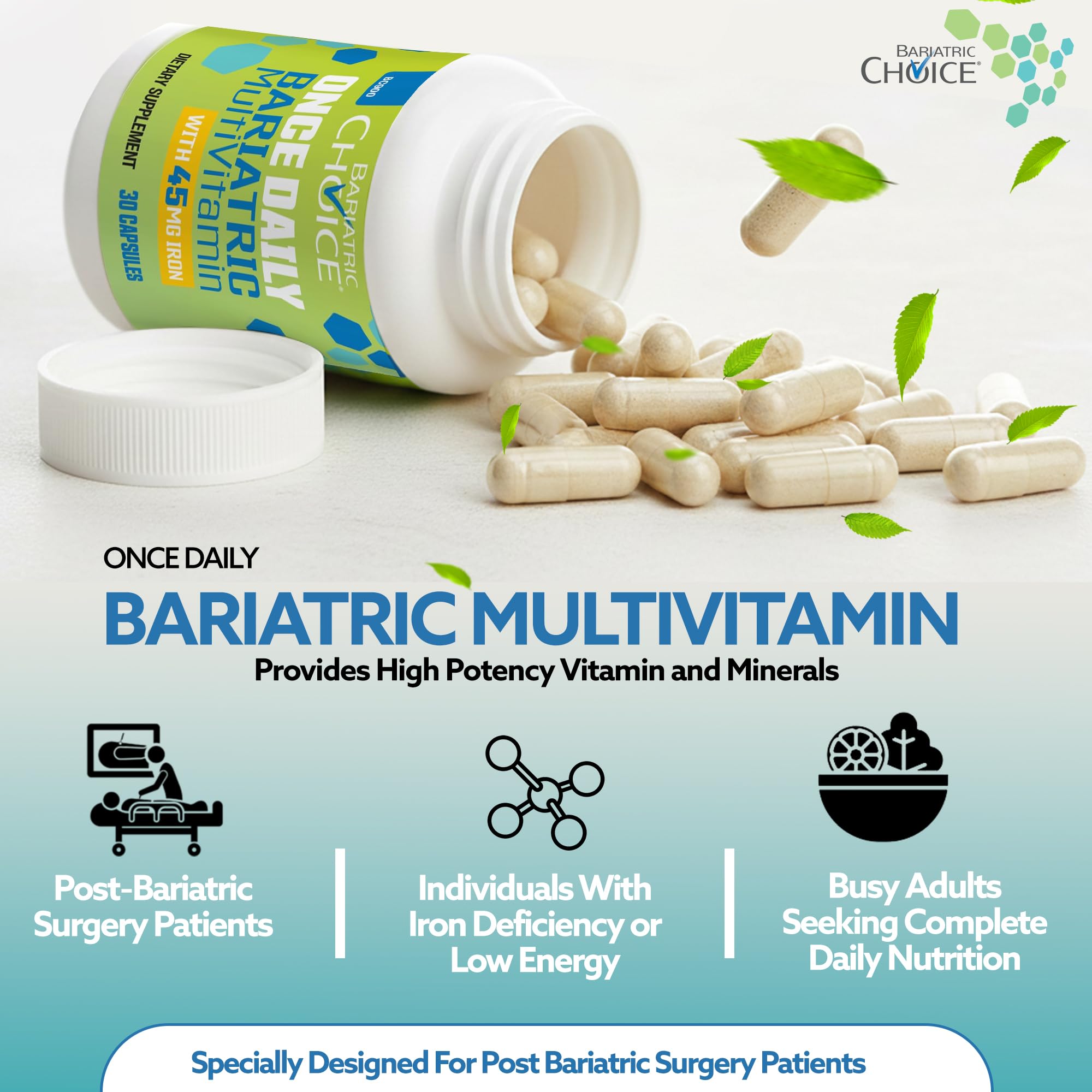Bariatric Choice multivitamin capsules on a wooden surface