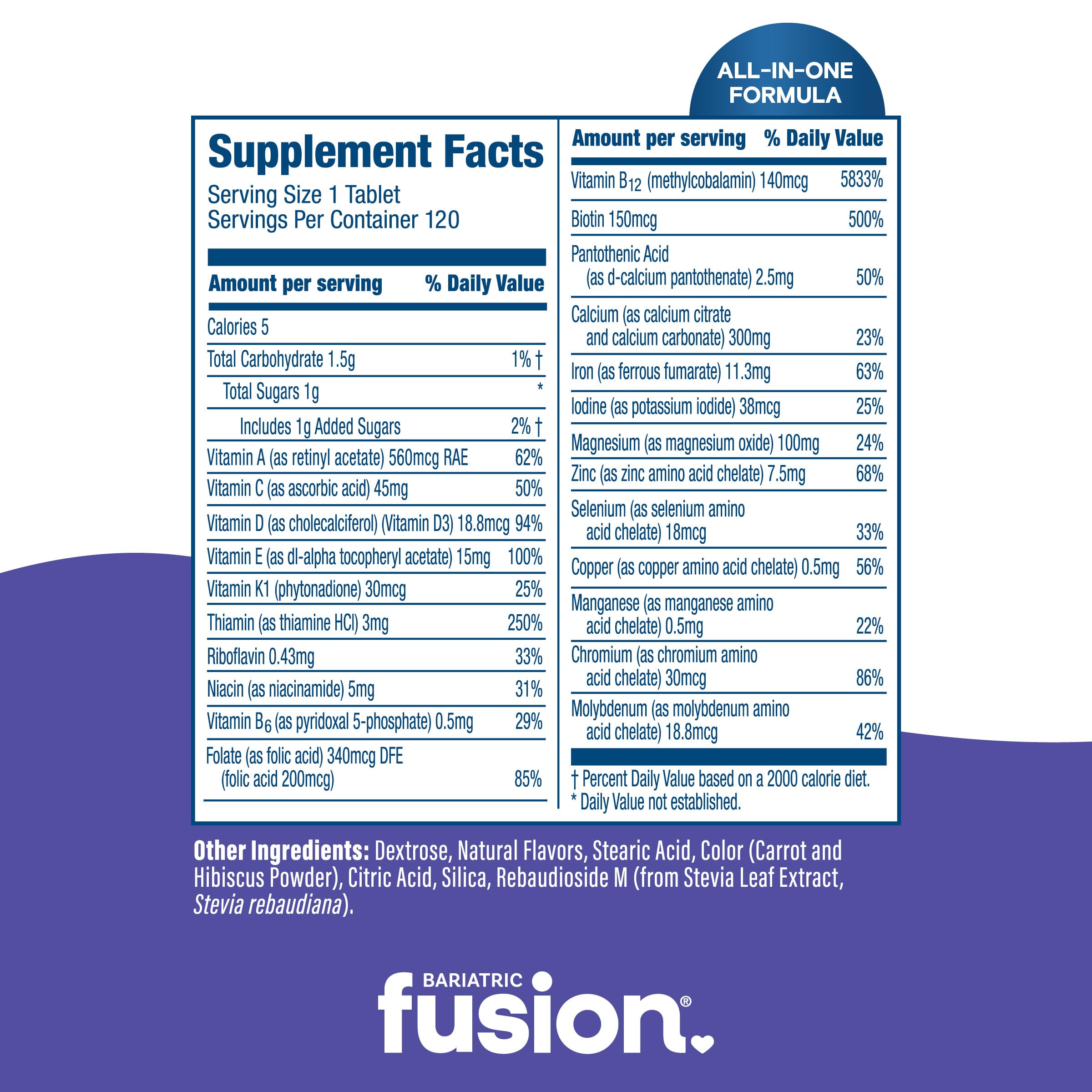 Bariatric Fusion multivitamin bottle with nutritional information