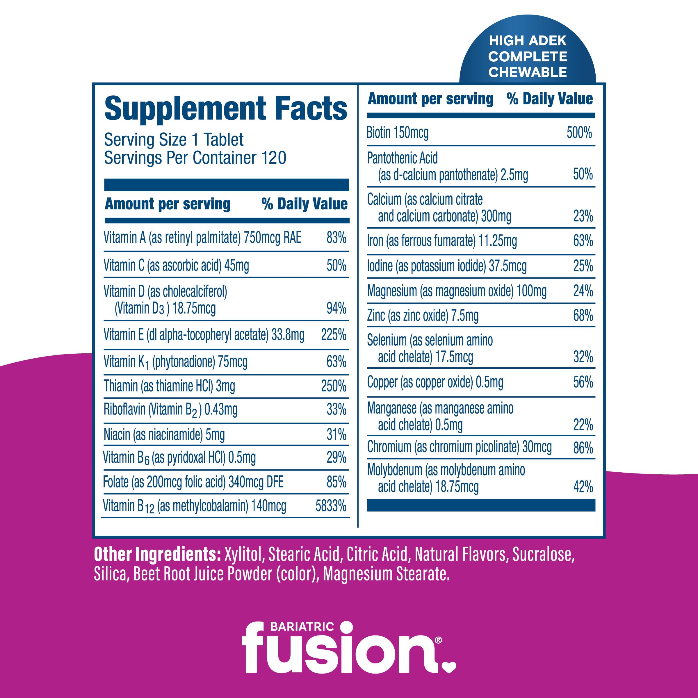 Bariatric Fusion Multivitamin Chewable Tablets nutritional information