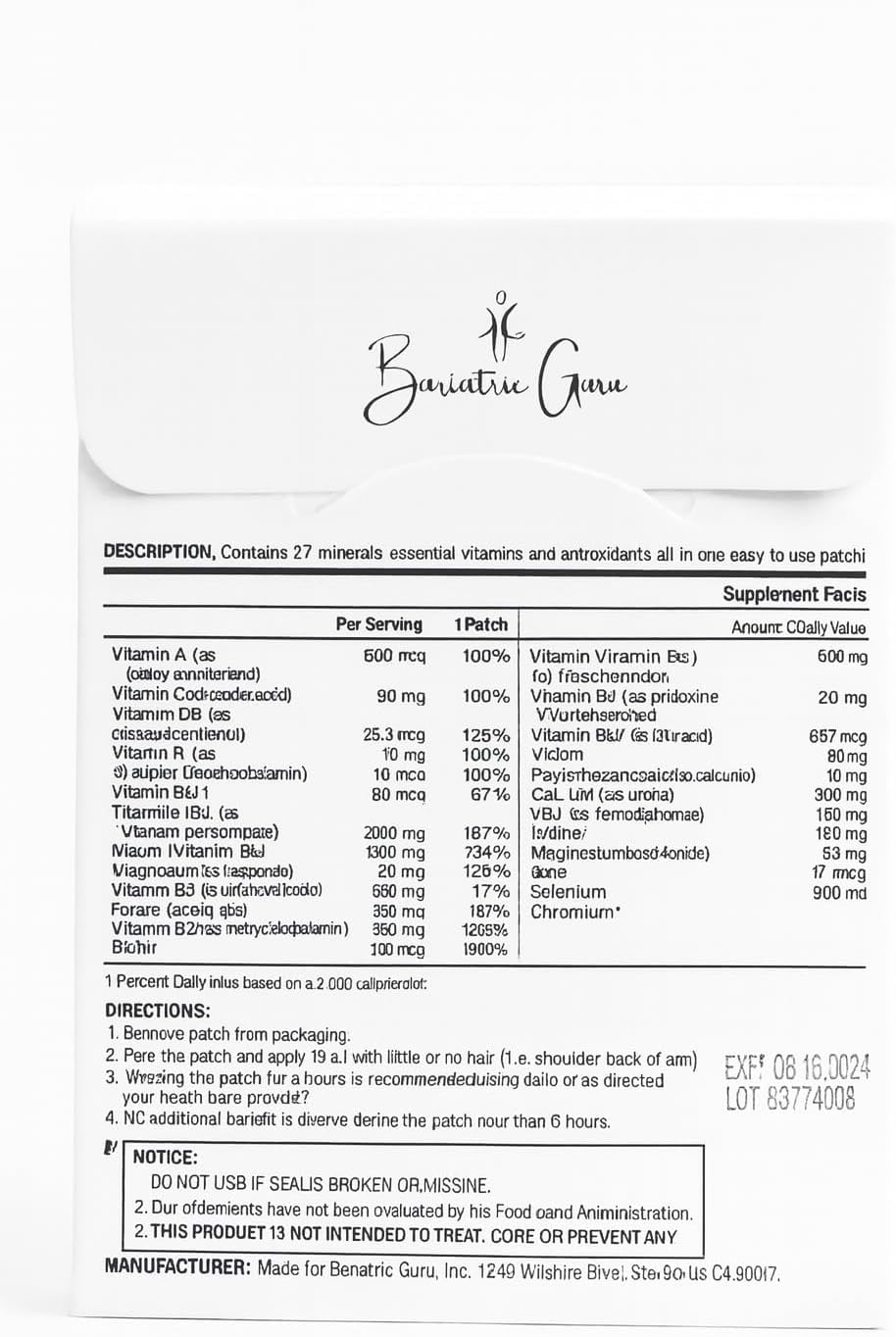 Bariatric Guru Multivitamin + Iron Patch packaging