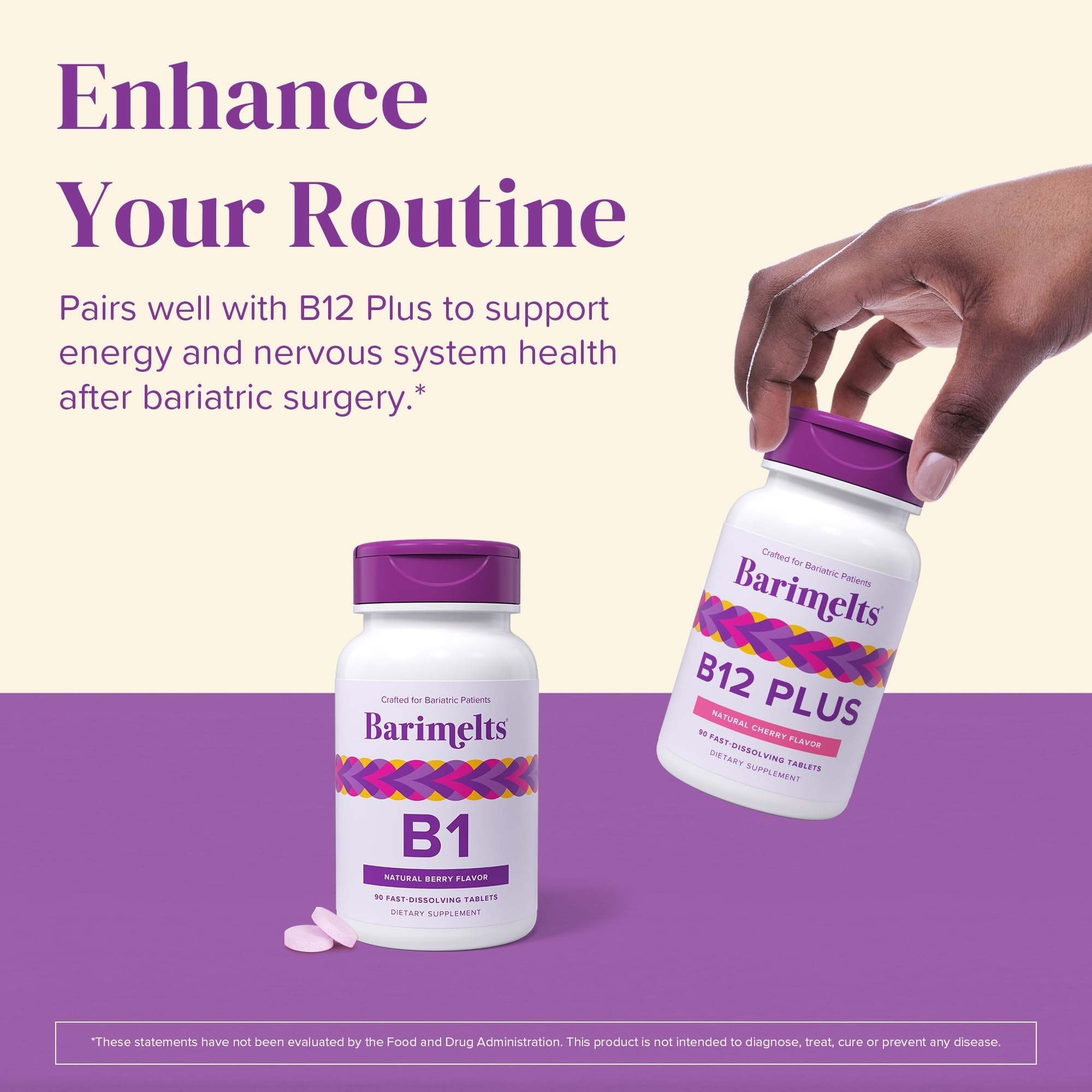 BariMelts B1 Vitamins bottle on a kitchen counter