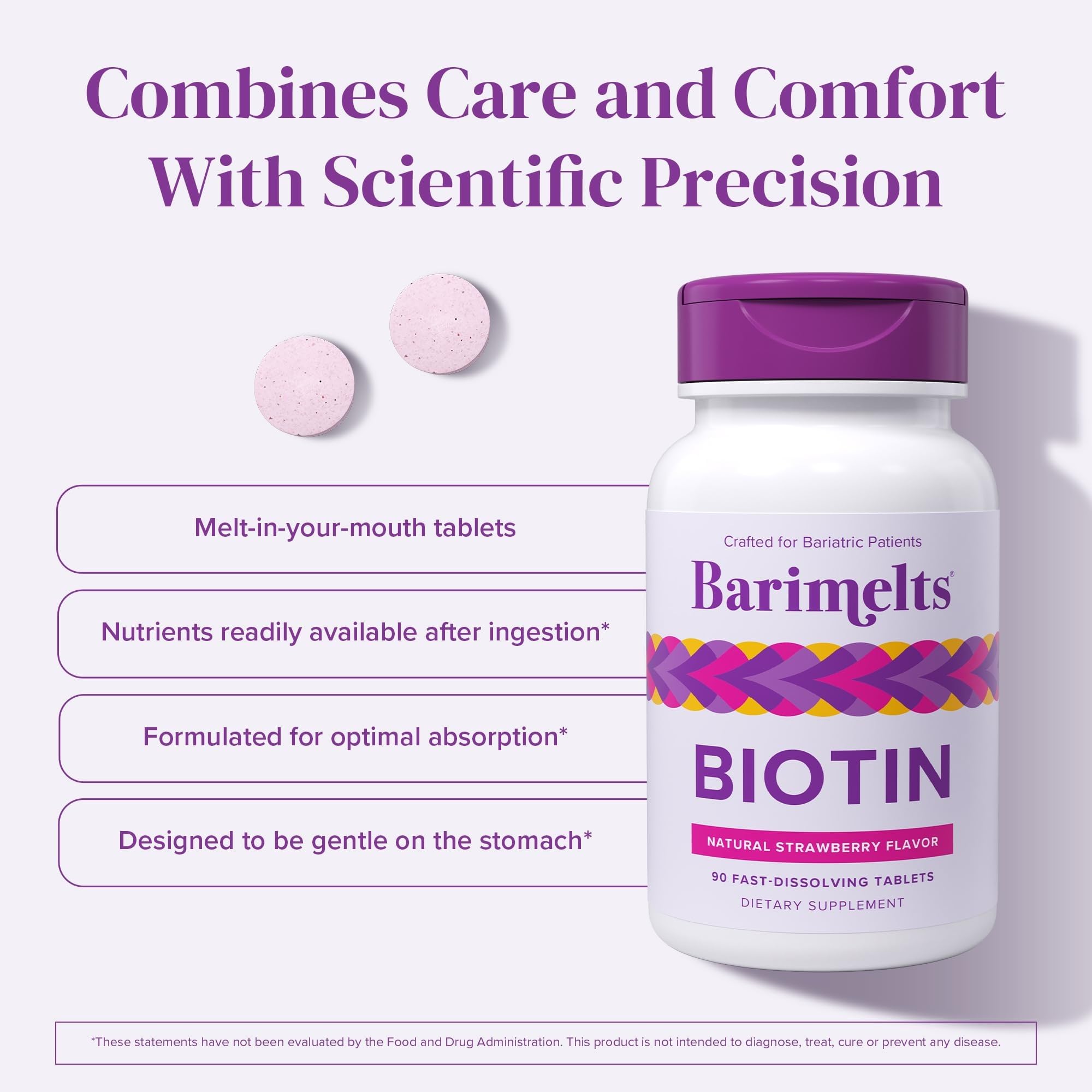 BariMelts Biotin Supplement 5000 mcg tablets on a wooden table