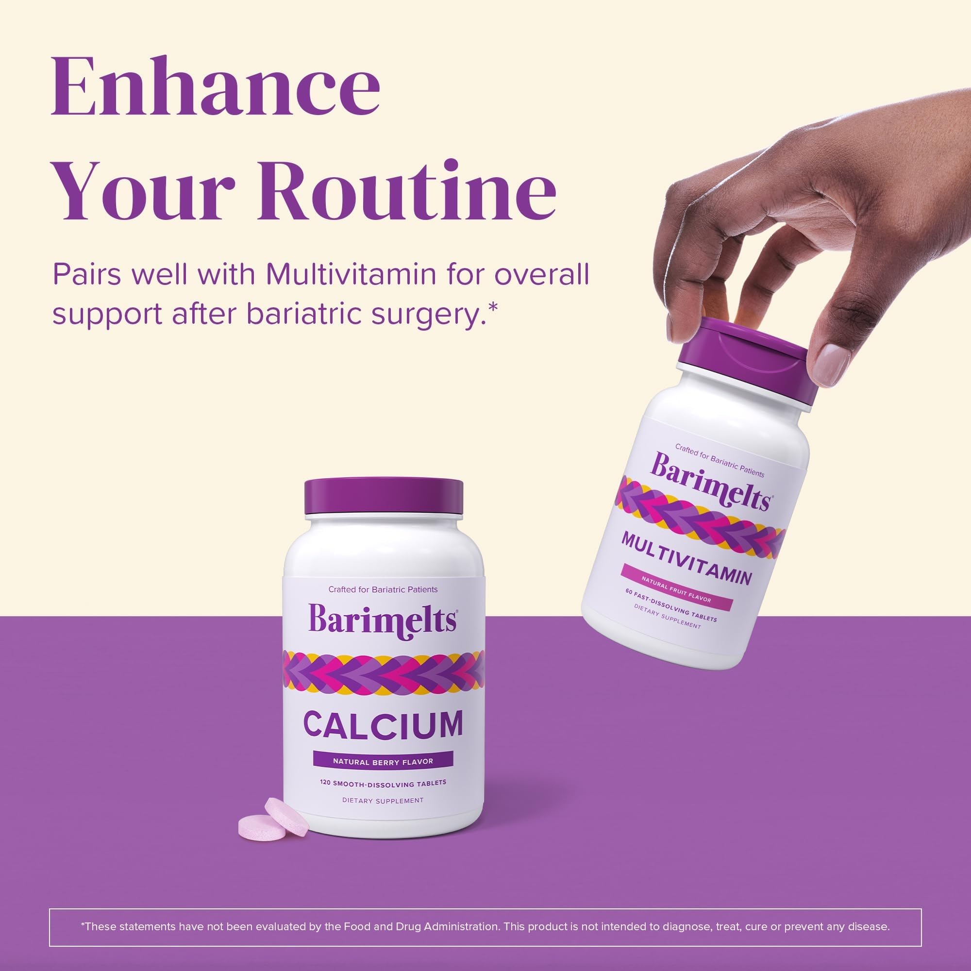 BariMelts Calcium Citrate 500mg supplement tablets in a hand