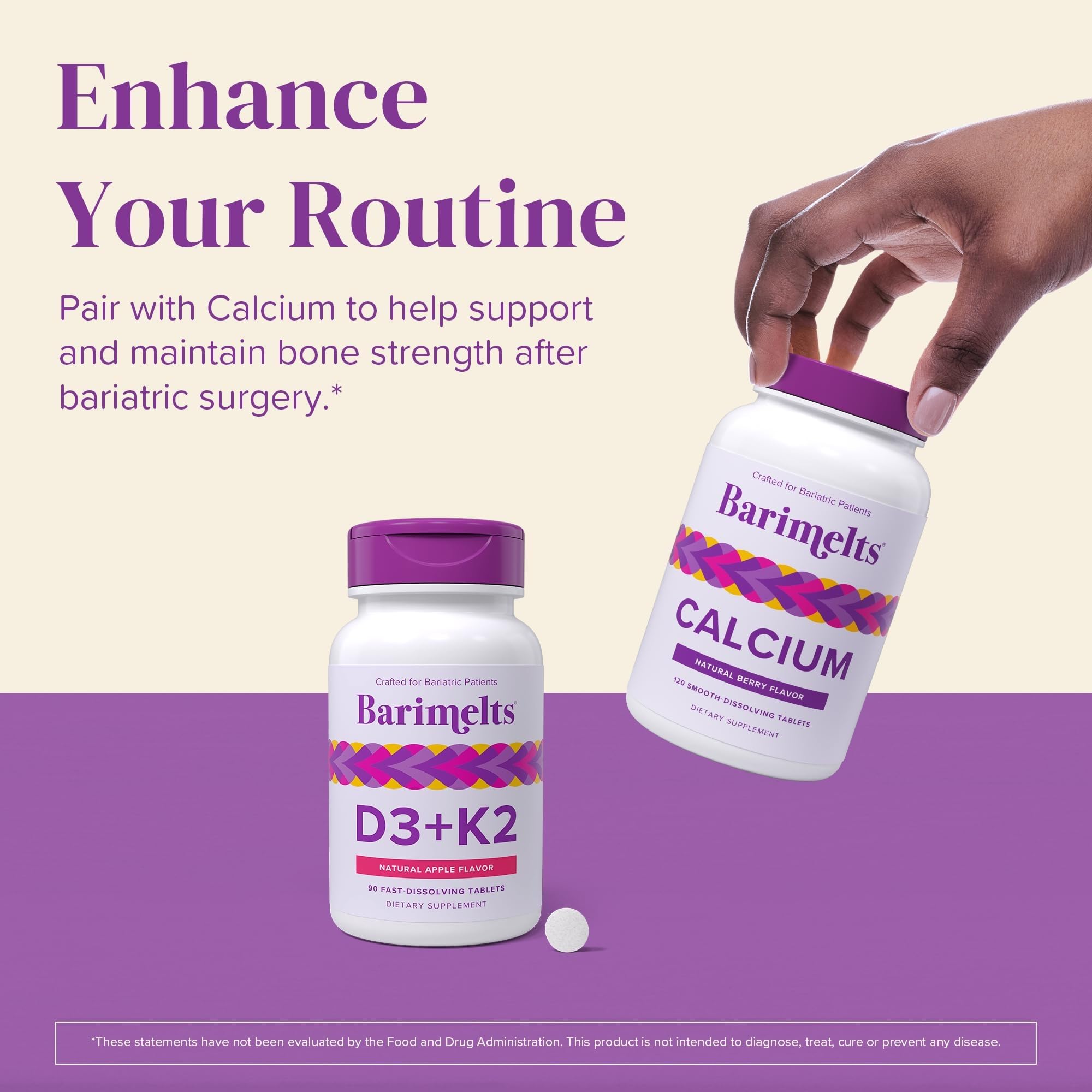 BariMelts D3 + K2 tablets on a wooden table