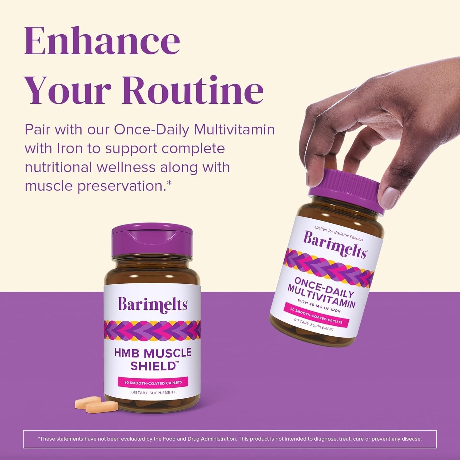 BariMelts Muscle Support Caplets with a measuring spoon for dosage