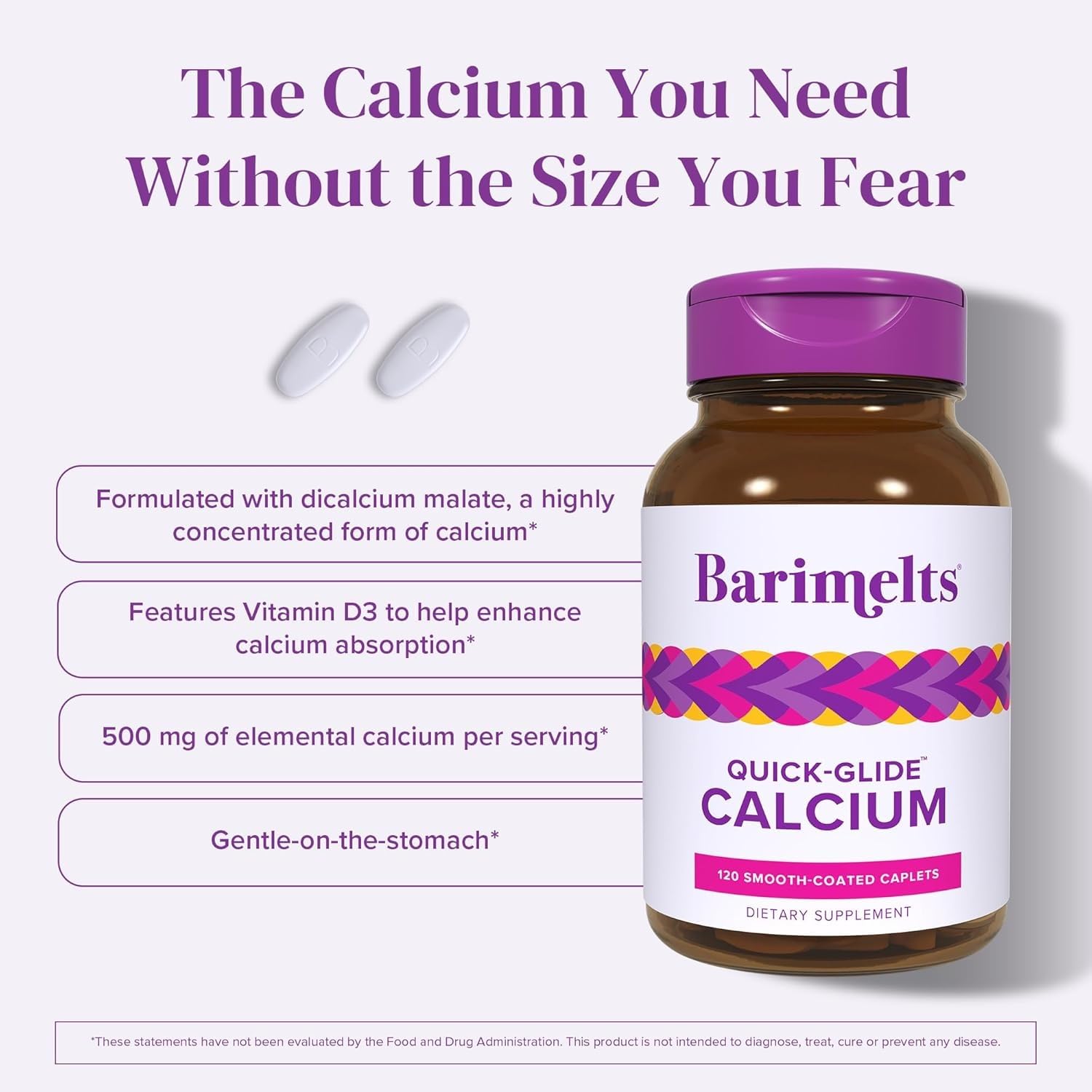 BariMelts Quick-Glide Calcium Supplement caplets close-up