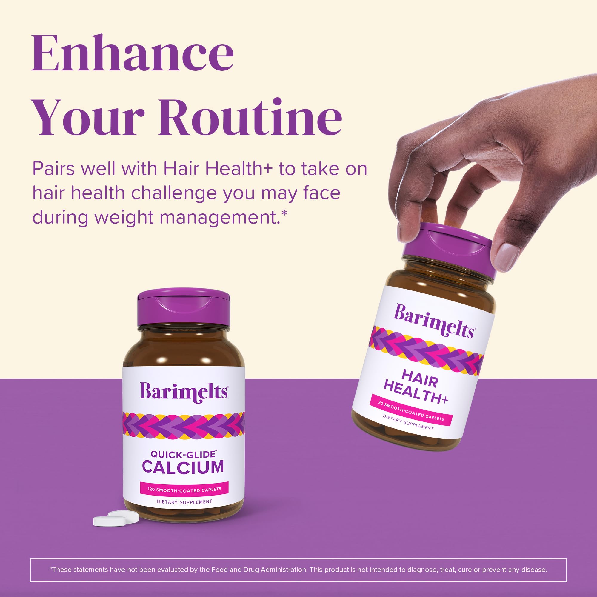 BariMelts Quick-Glide Calcium Supplement caplets in a hand