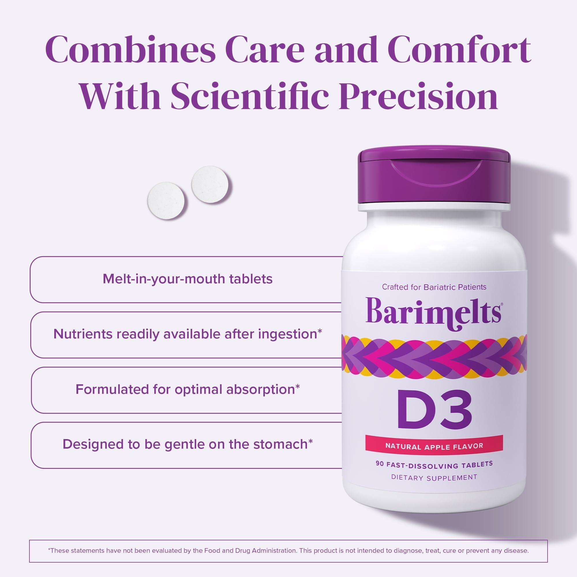BariMelts Vitamin D3 5000 IU apple flavour tablet on a spoon