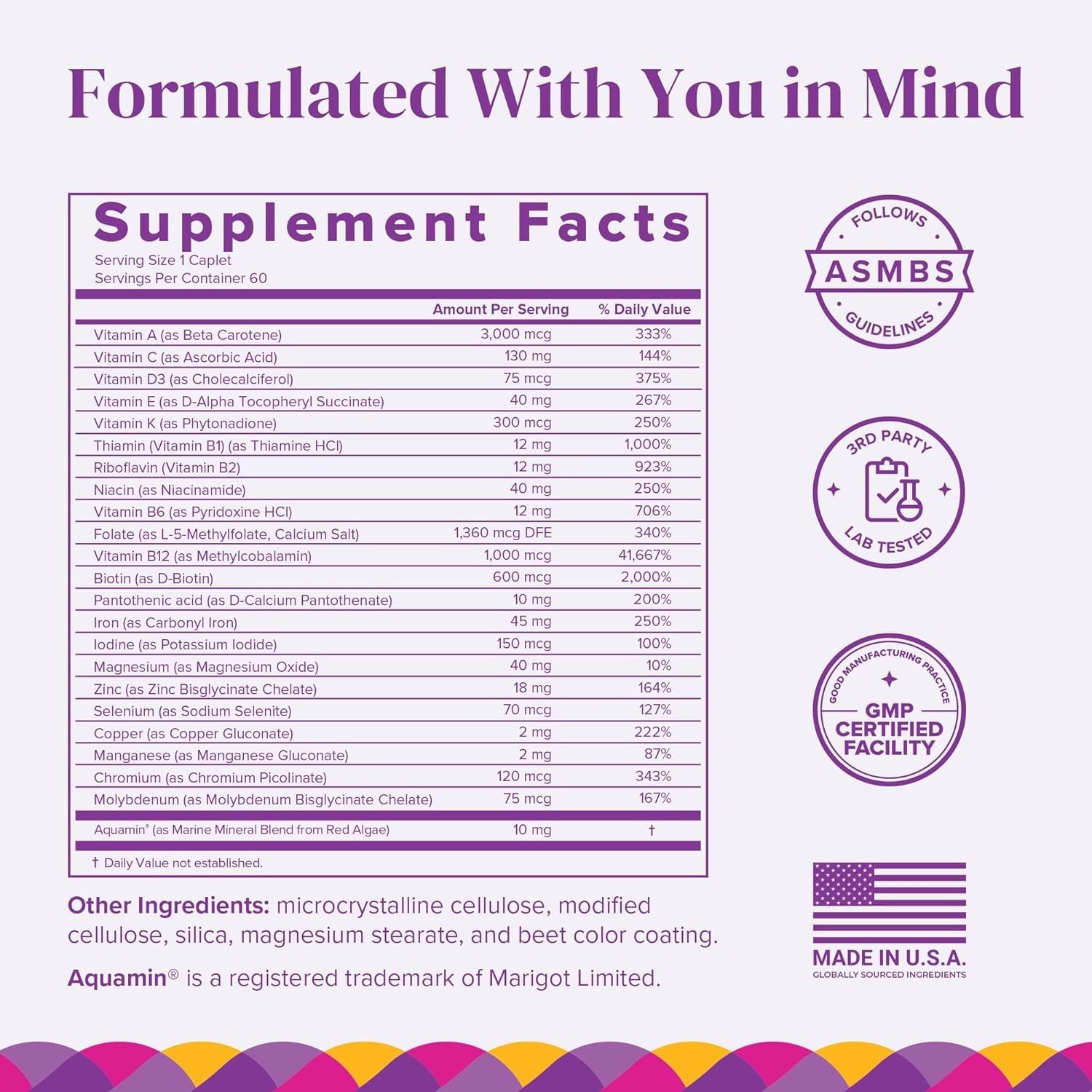BariMelts Women's Multivitamin Caplets side view with dosage details