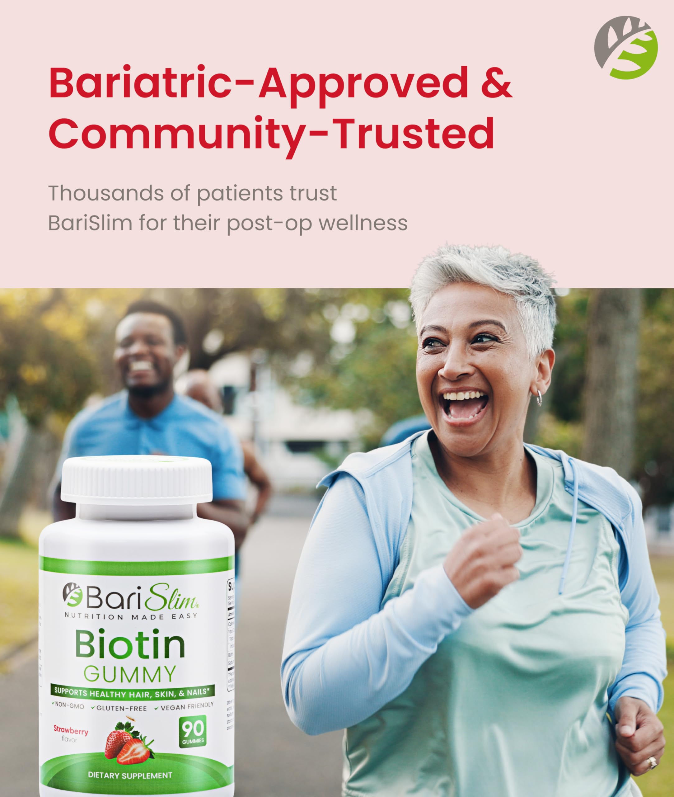 BariSlim Biotin Gummies 5000 mcg on a table with fruits