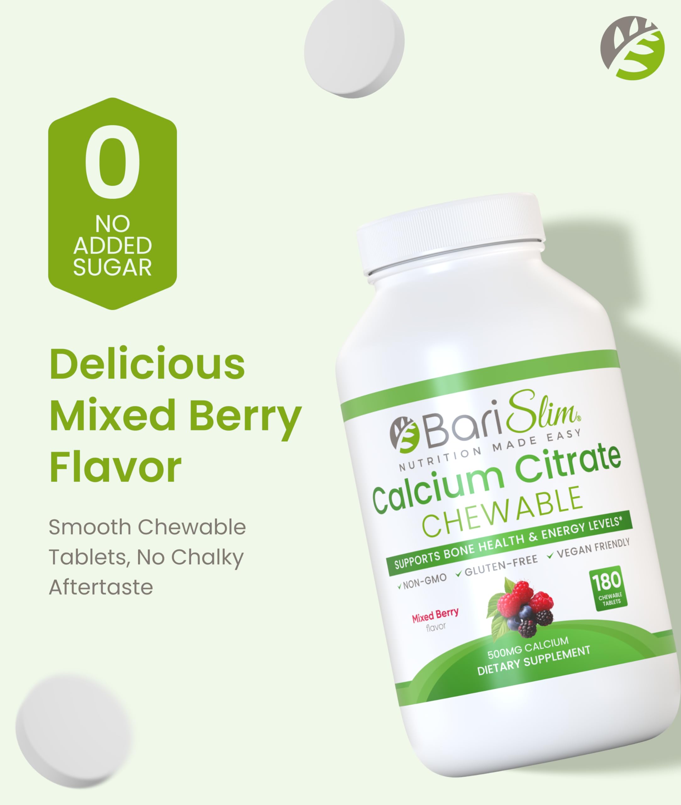 BariSlim Calcium Chewable Tablets 500mg bottle with cap open