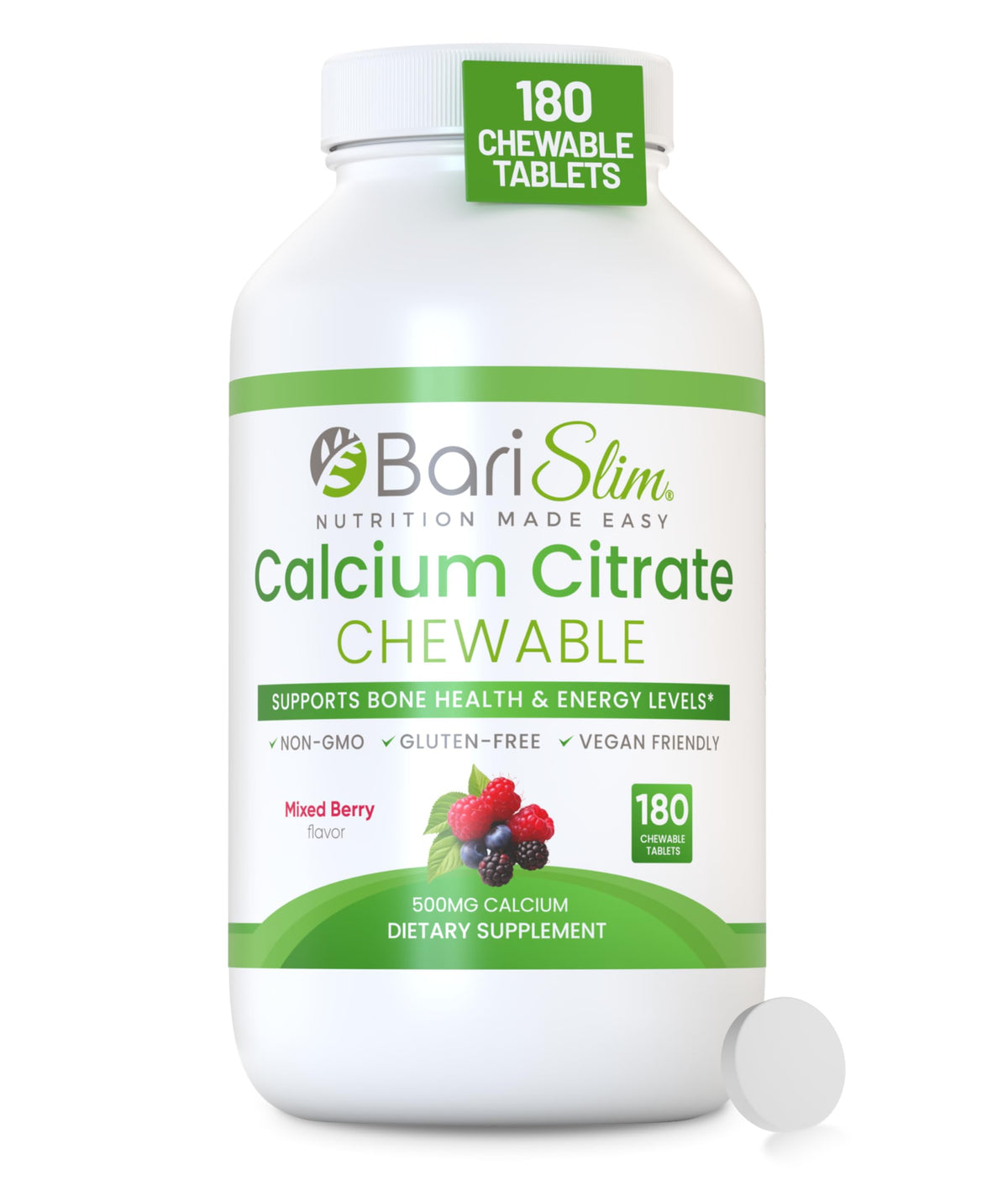 BariSlim Calcium Chewable Tablets 500mg front view with packaging