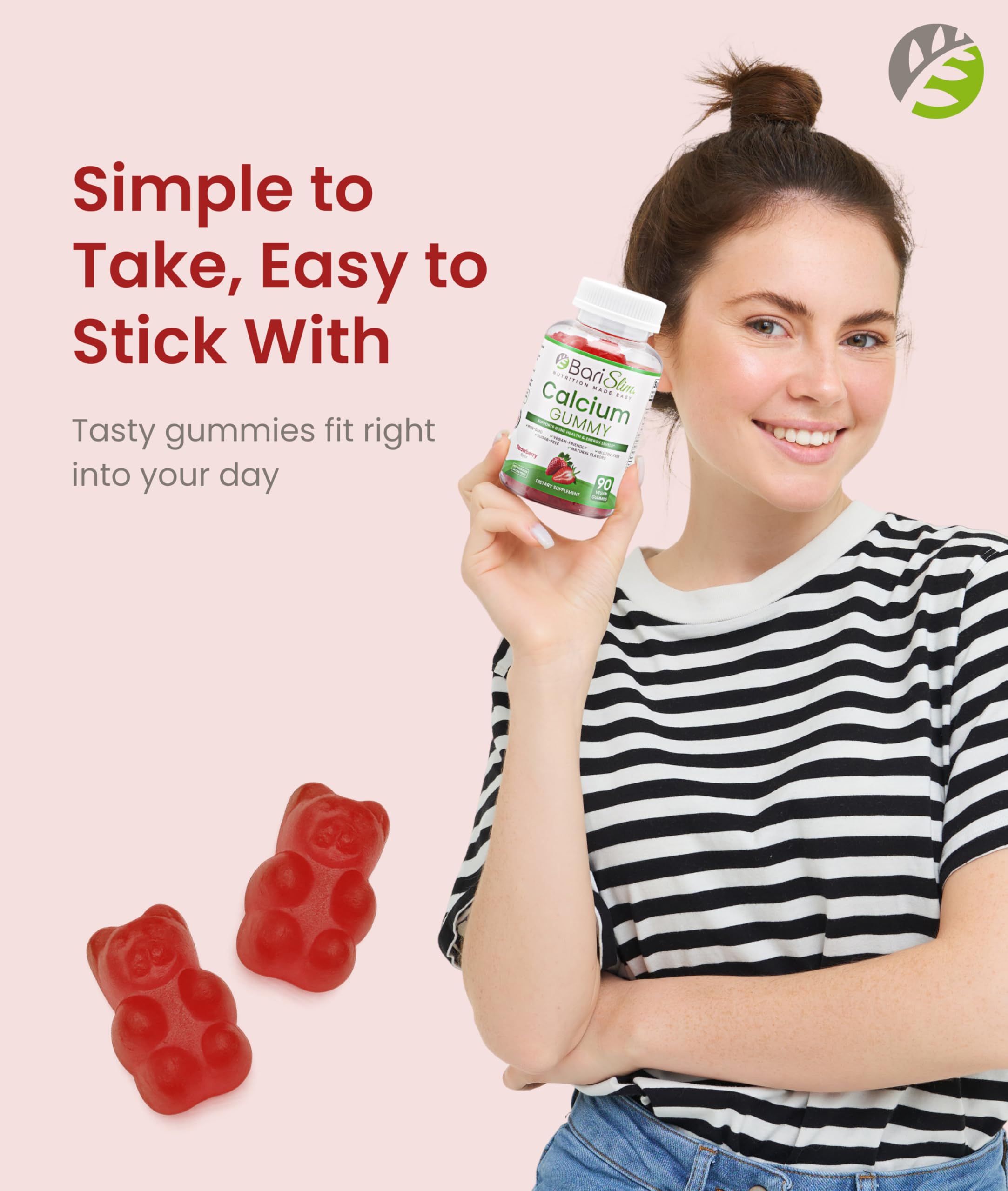 BariSlim Calcium Citrate Gummies 500mg on a table with fresh strawberries