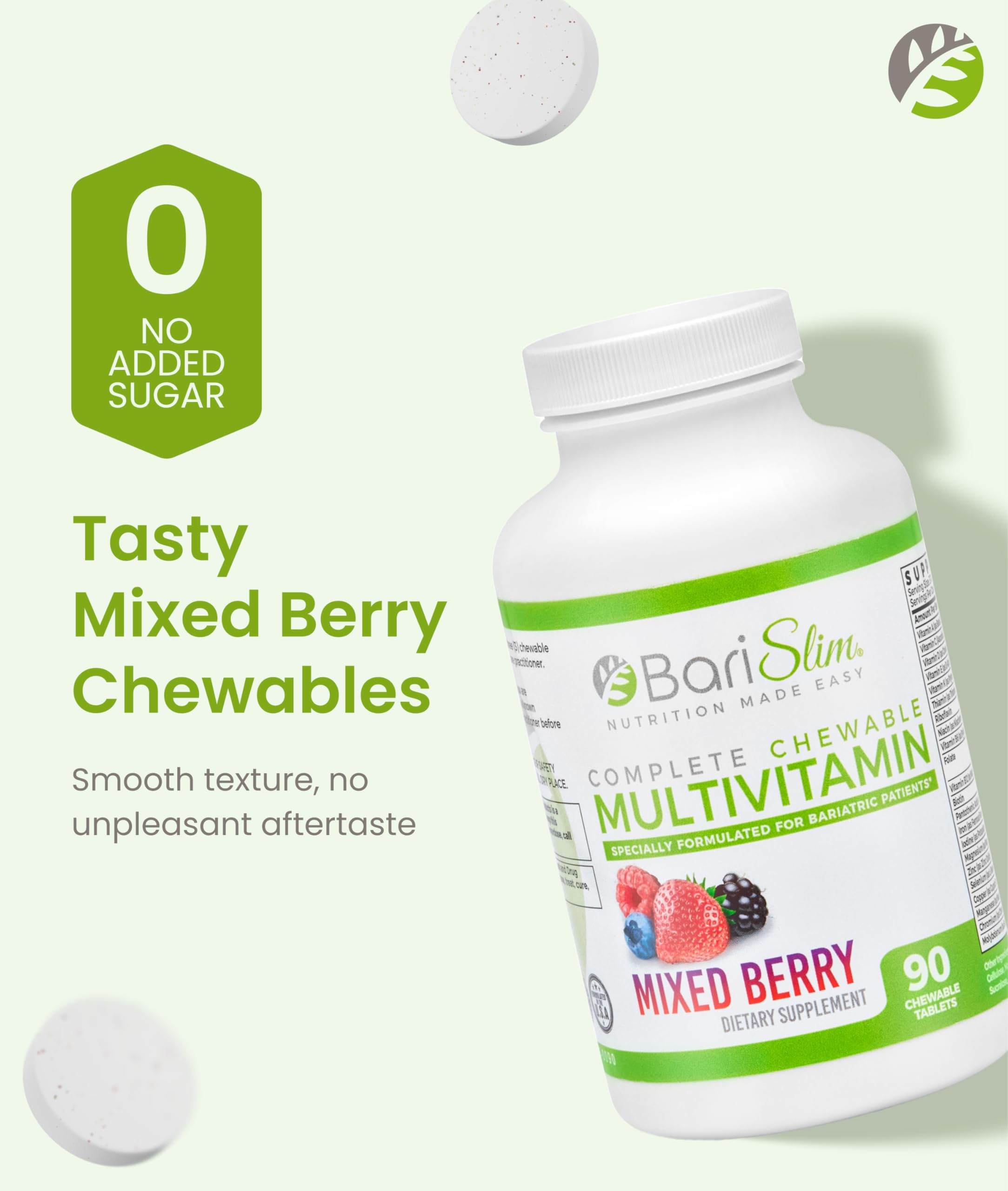 BariSlim chewable multivitamin tablets on a white background
