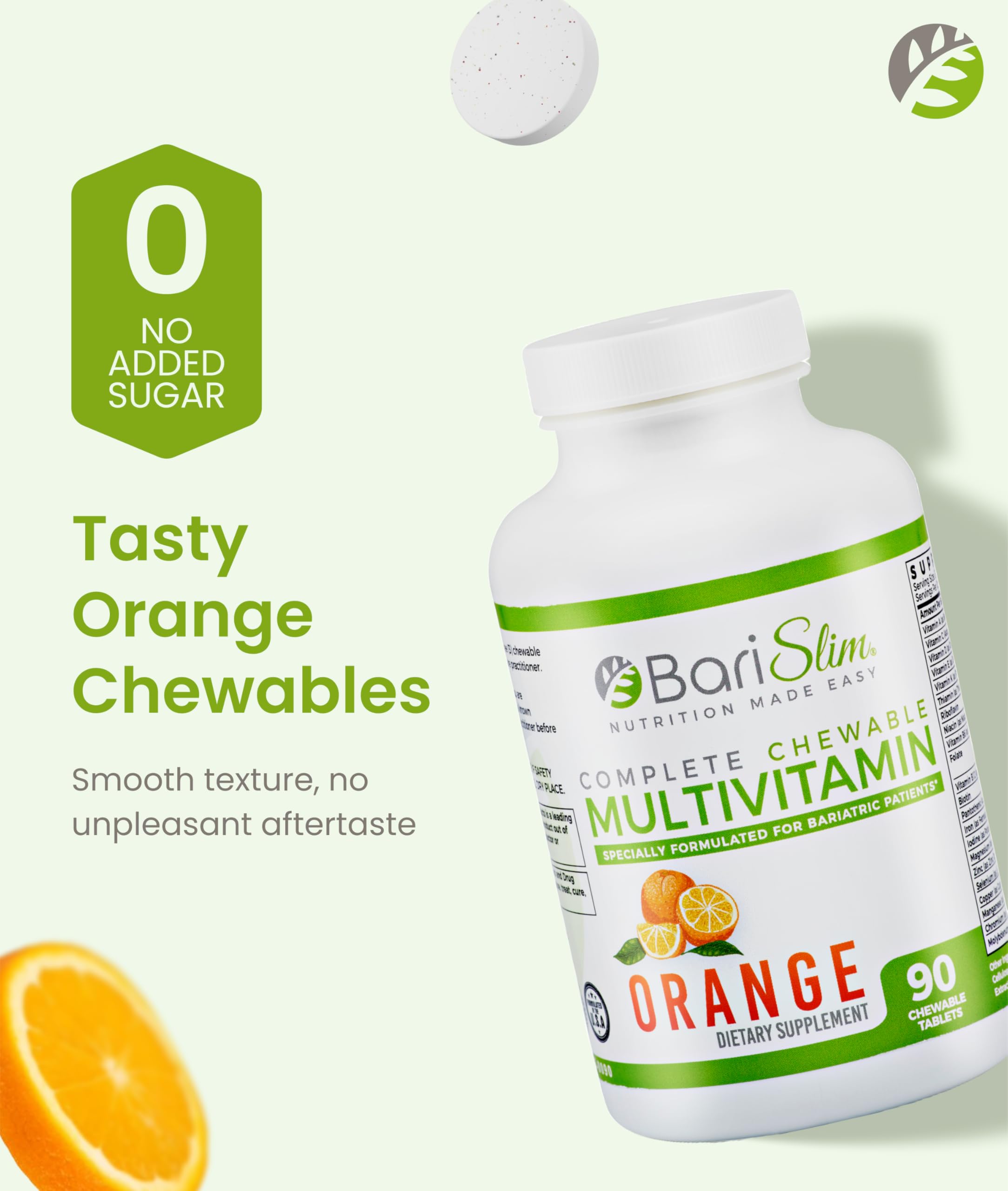 BariSlim Complete Chewable Bariatric Multivitamin tablets on a table