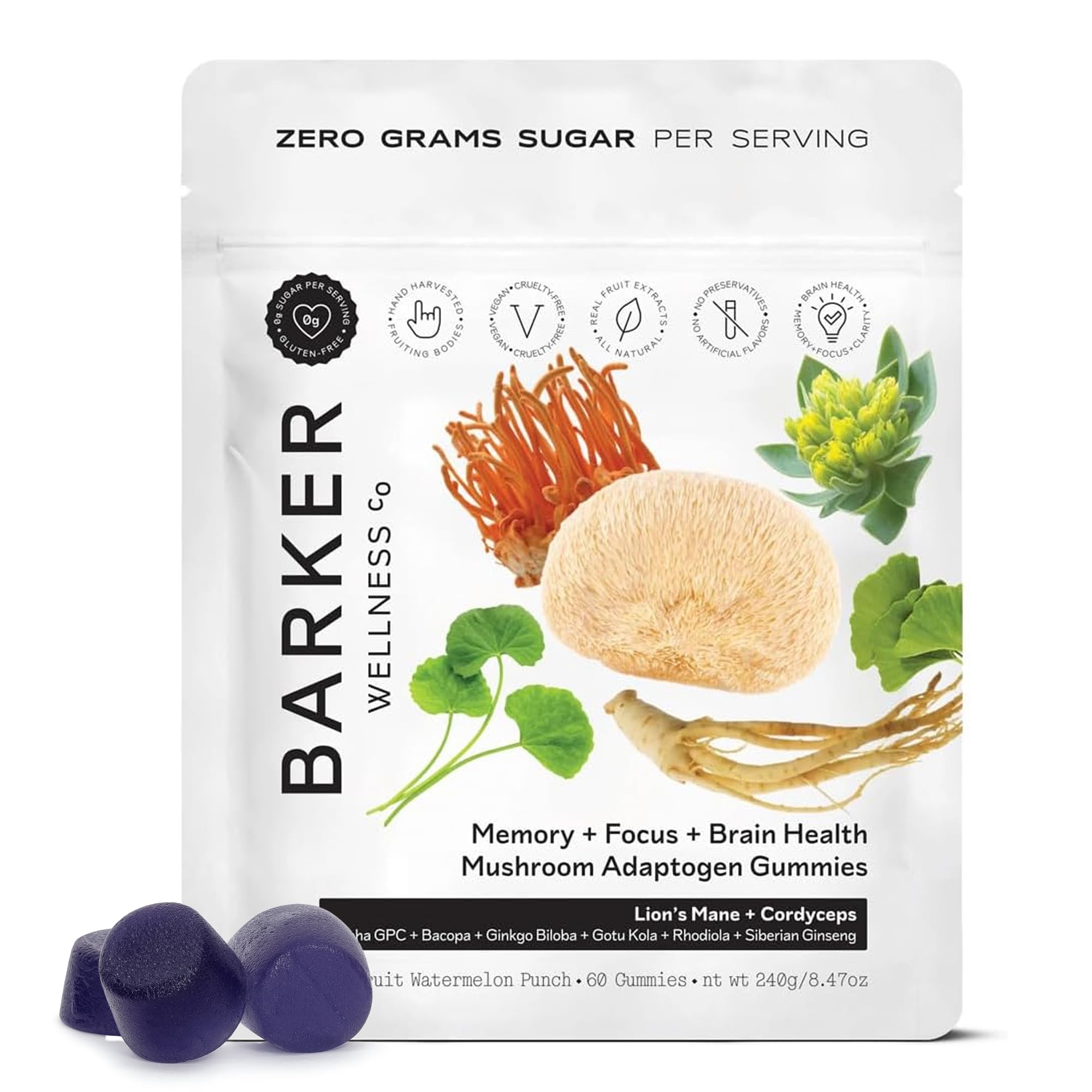 Barker Wellness Co Mushroom Adaptogen Gummies packaging front view