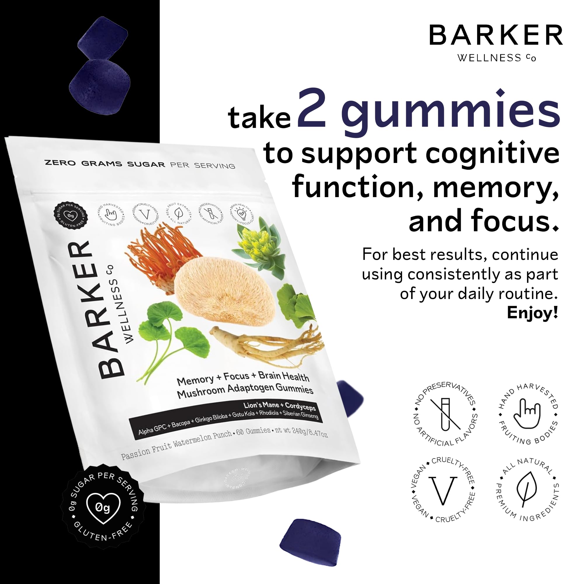 Barker Wellness Co Mushroom Adaptogen Gummies Passion Fruit Watermelon flavour