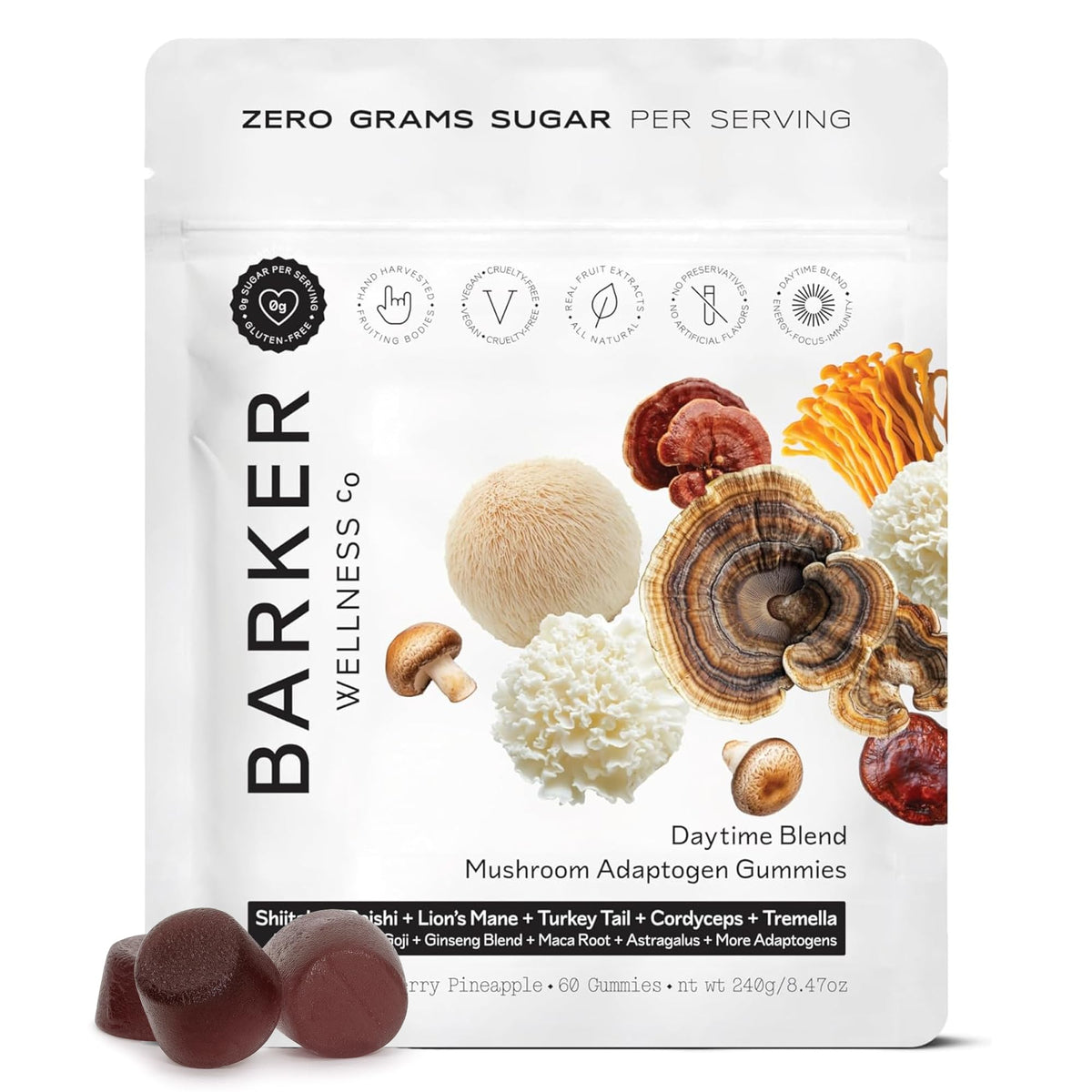 Barker Wellness Co Mushroom Gummies front view packaging