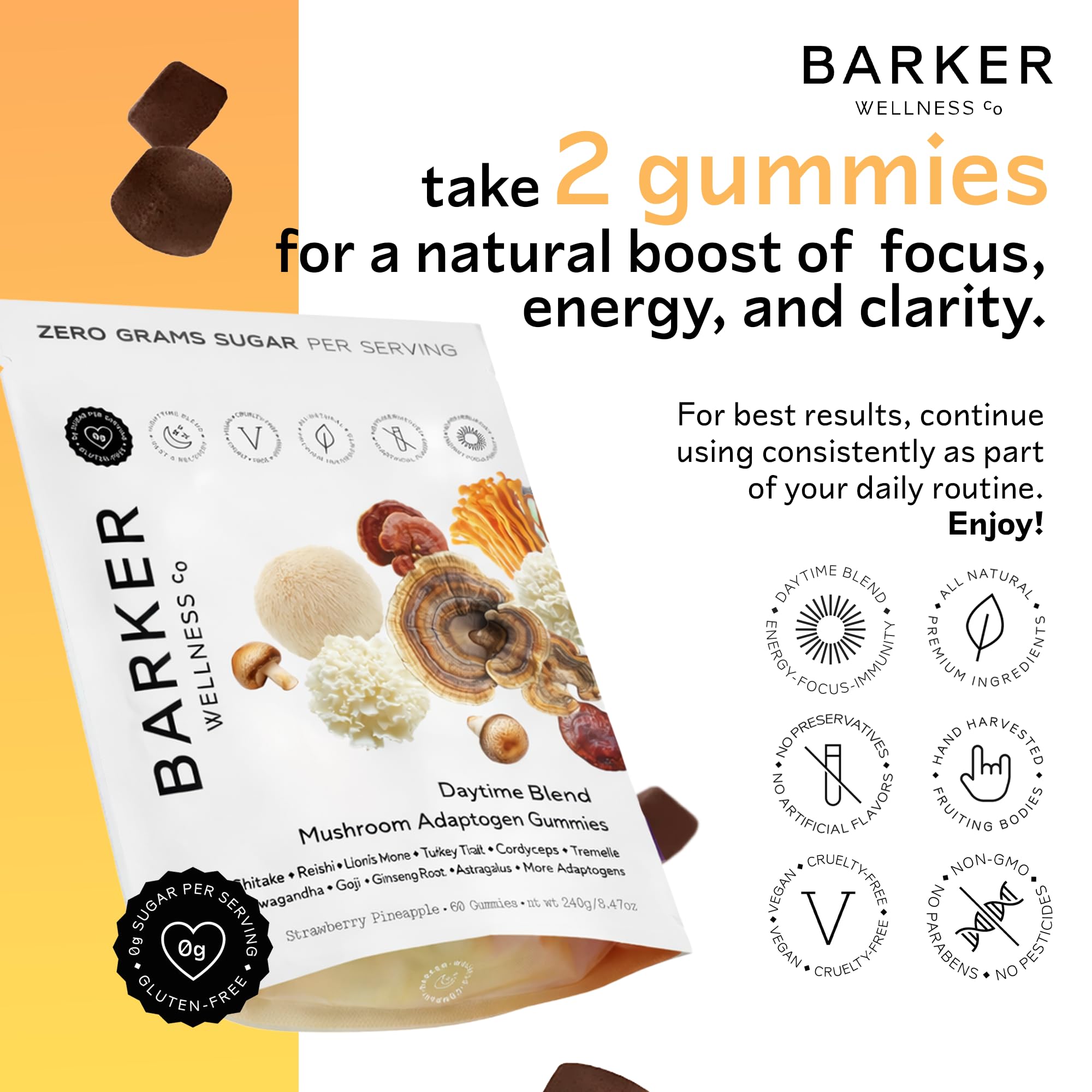 Barker Wellness Co Mushroom Gummies side view with strawberry pineapple flavour