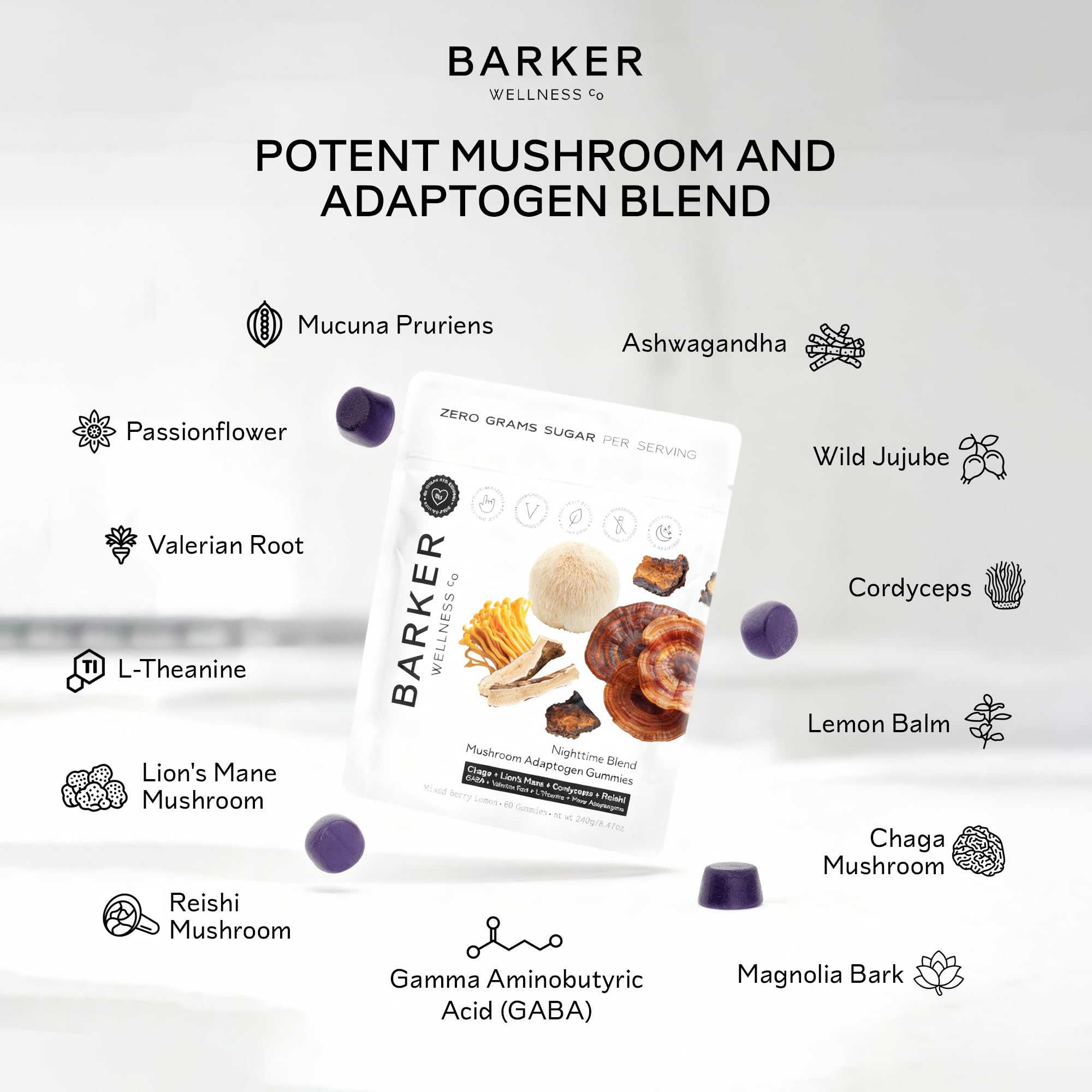 Barker Wellness Nighttime Mushroom Gummies on a table