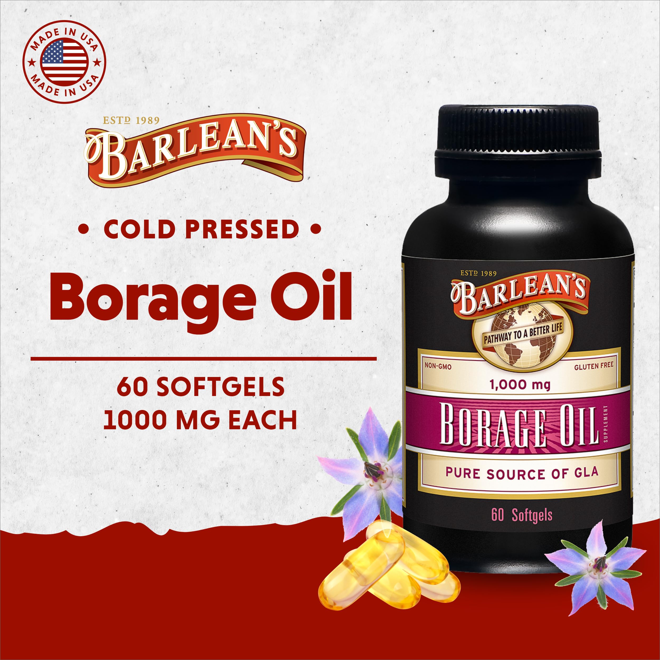 Barlean's Borage Oil Softgels 200mg GLA 1000mg bottle side view