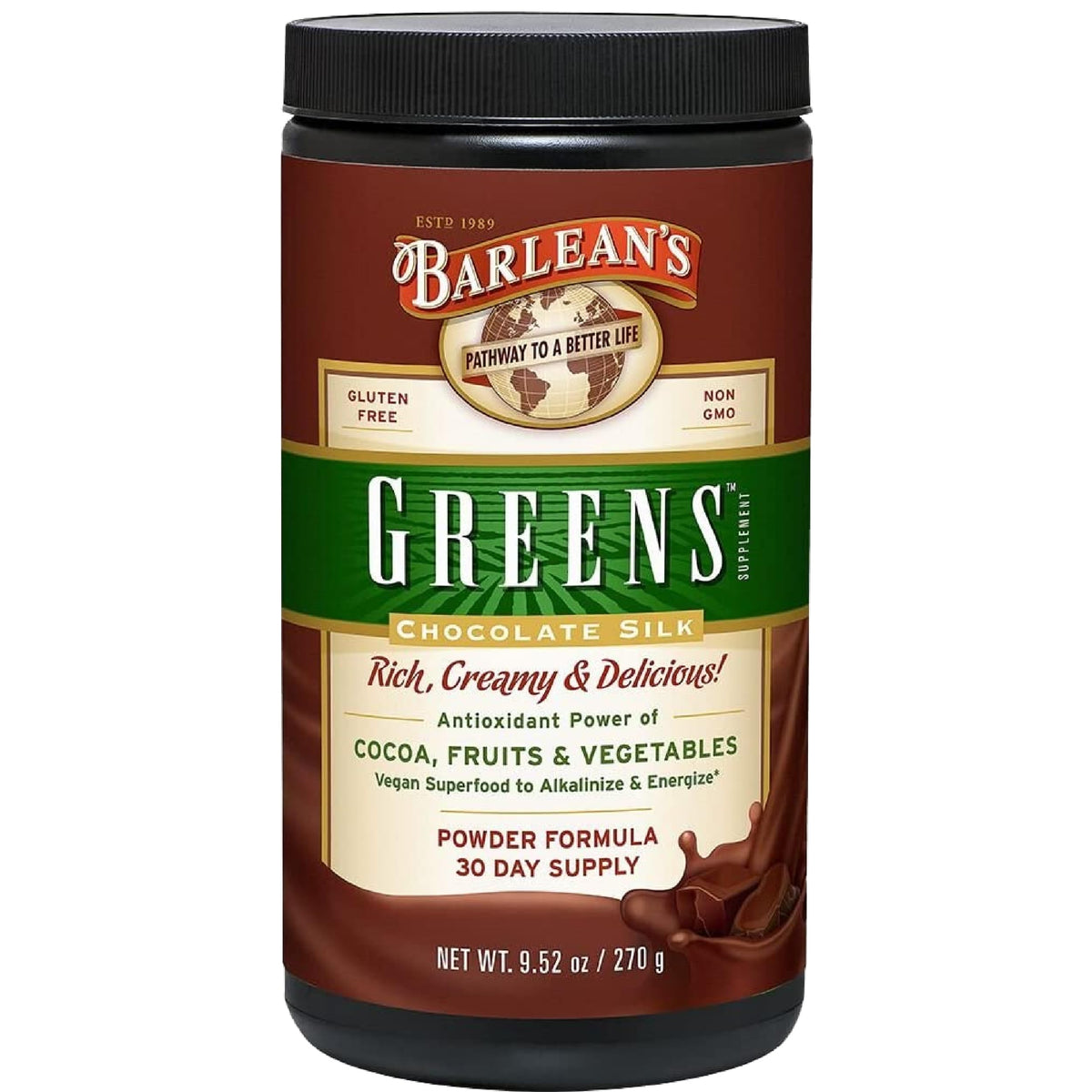 Barlean's Chocolate Silk Greens Superfood Powder front view
