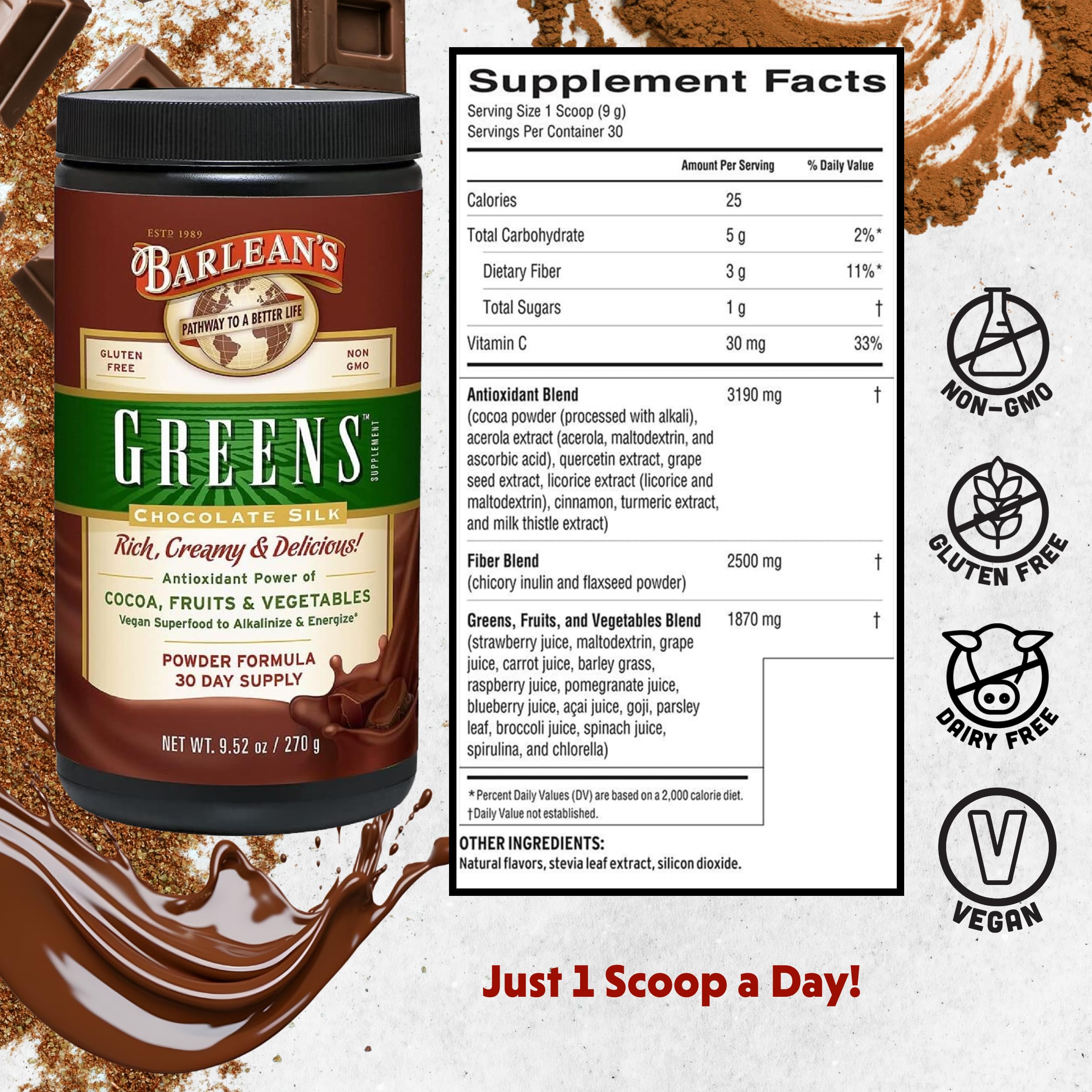 Barlean's Chocolate Silk Greens Superfood Powder packaging
