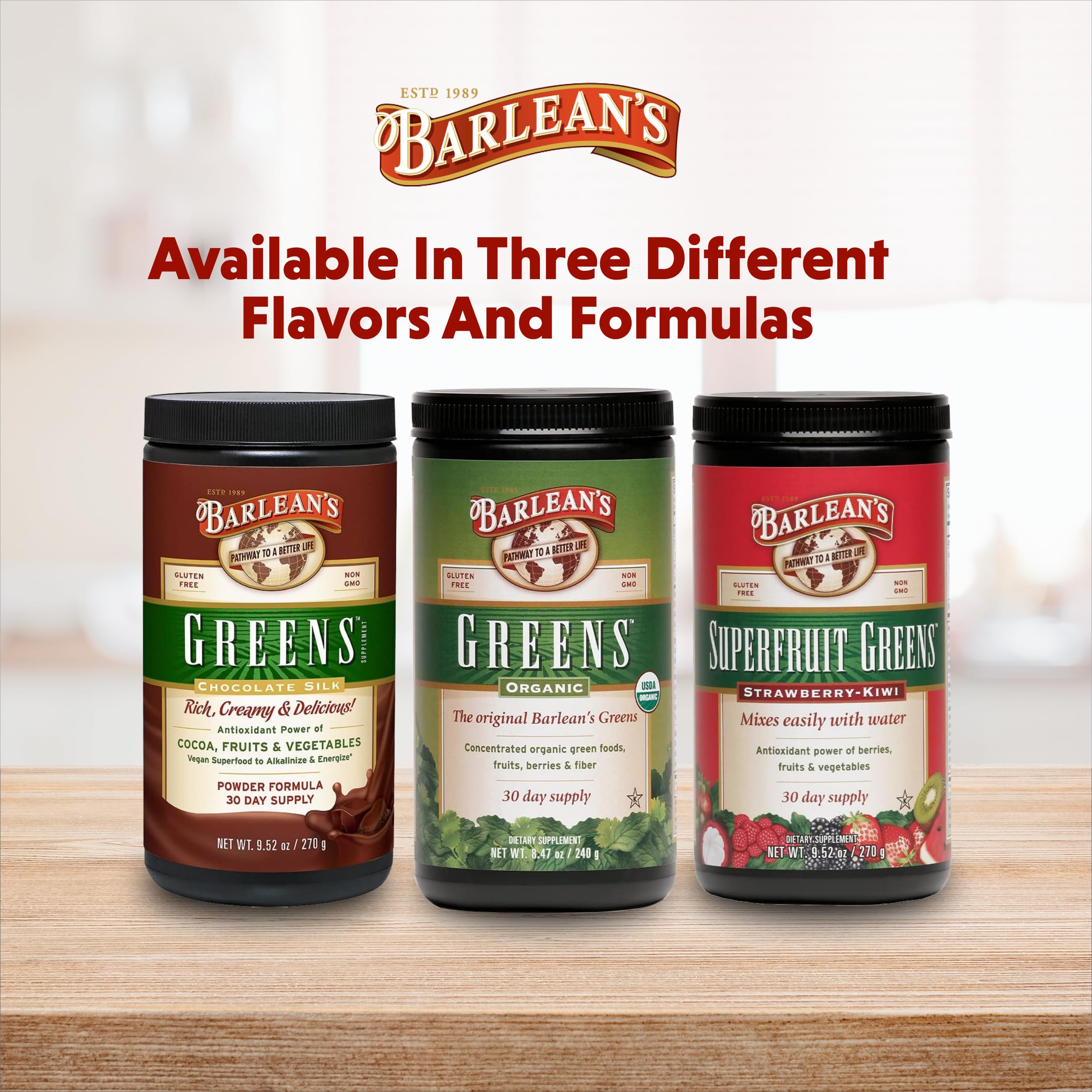 Barlean's Chocolate Silk Greens Superfood Powder with a measuring scoop