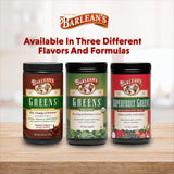 Barlean's Chocolate Silk Greens Superfood Powder with a measuring scoop