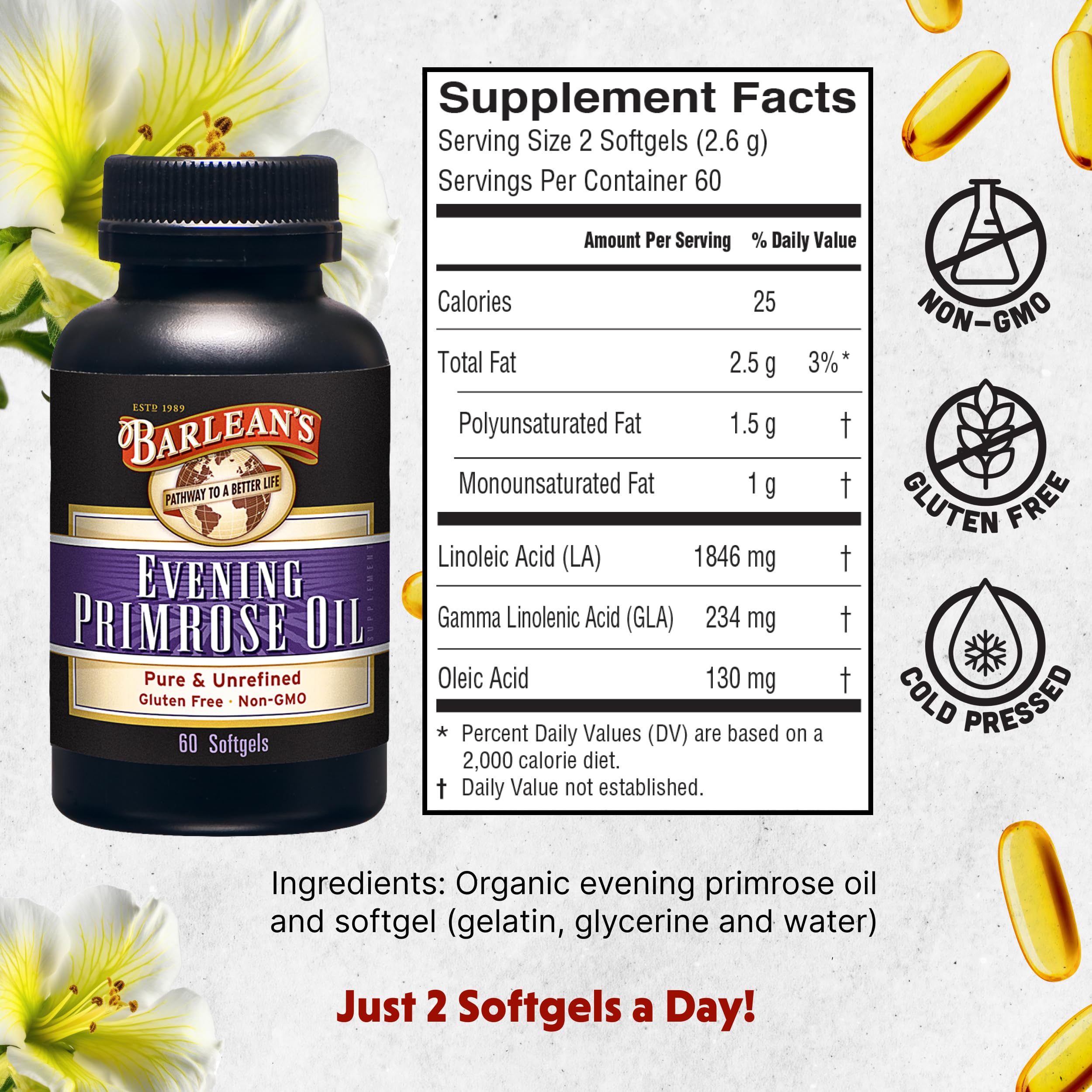 Barlean's Evening Primrose Oil softgel side view