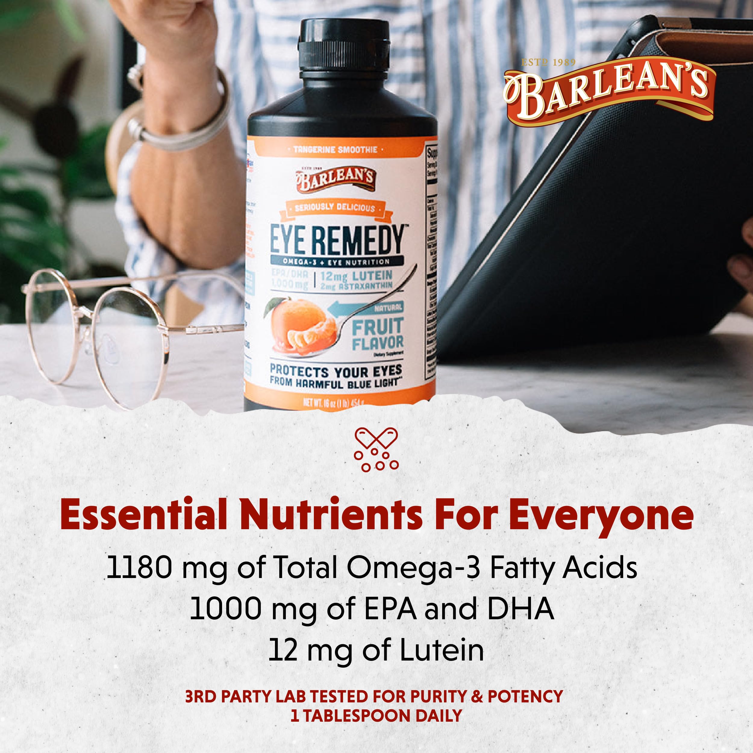 Barlean's Eye Remedy Lutein Supplement 499g tangerine flavour bottle