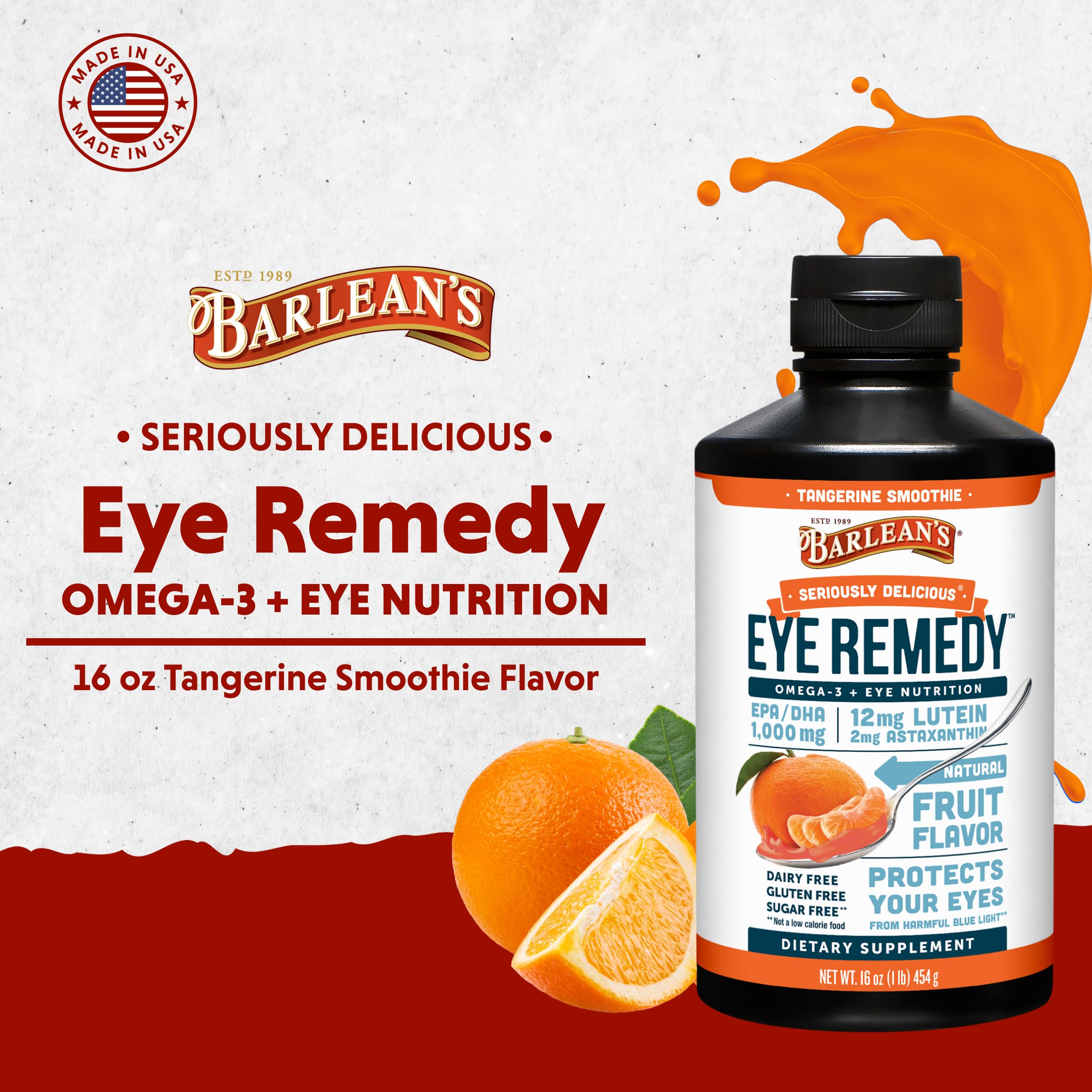 Barlean's Eye Remedy Lutein Supplement 499g tangerine flavour spoonful