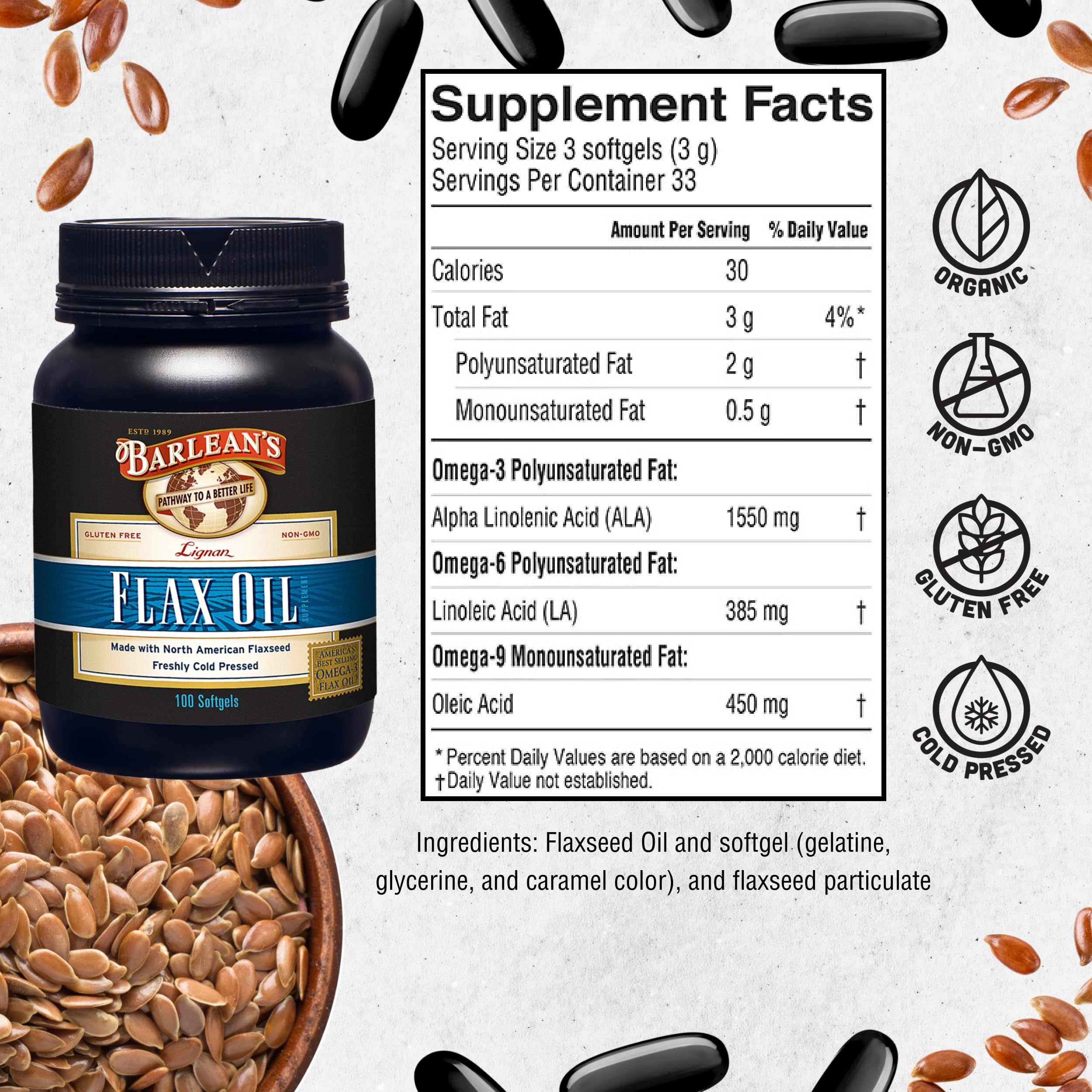 Barlean's Flax Oil Softgels 192g packaging