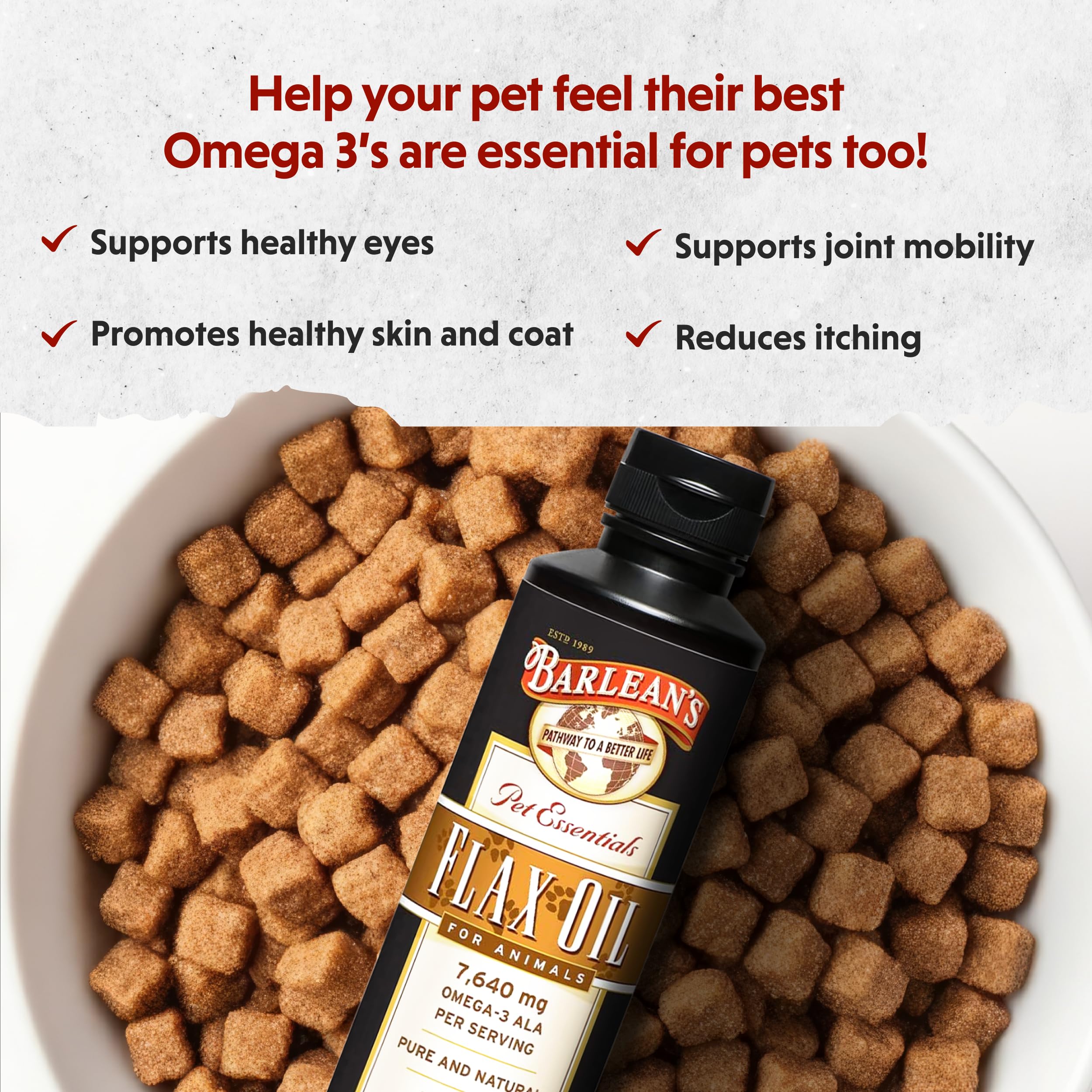 Barlean's Flax Seed Oil 340g displayed with pets