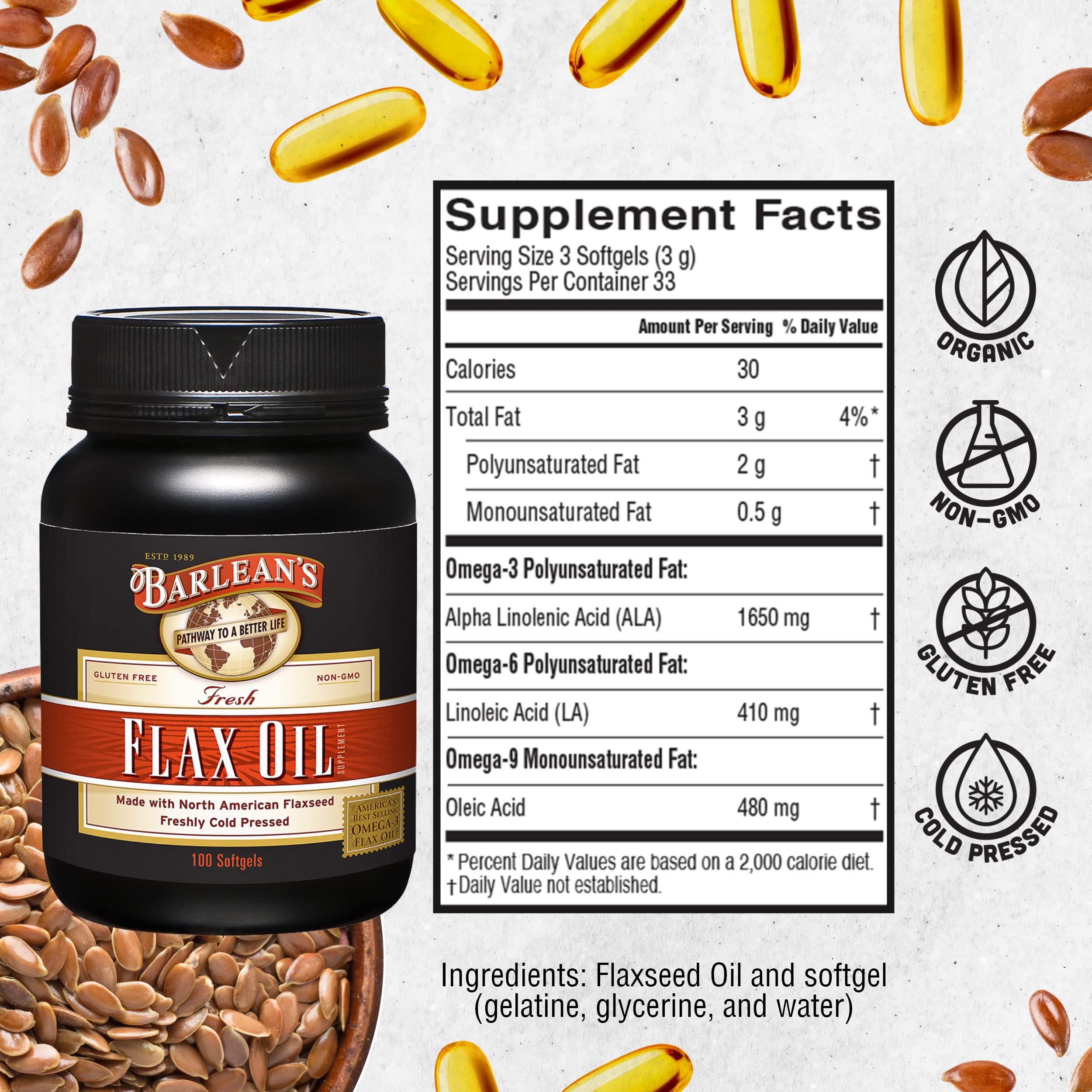 Barlean's Flax Seed Oil Softgels 1000mg with measuring spoon