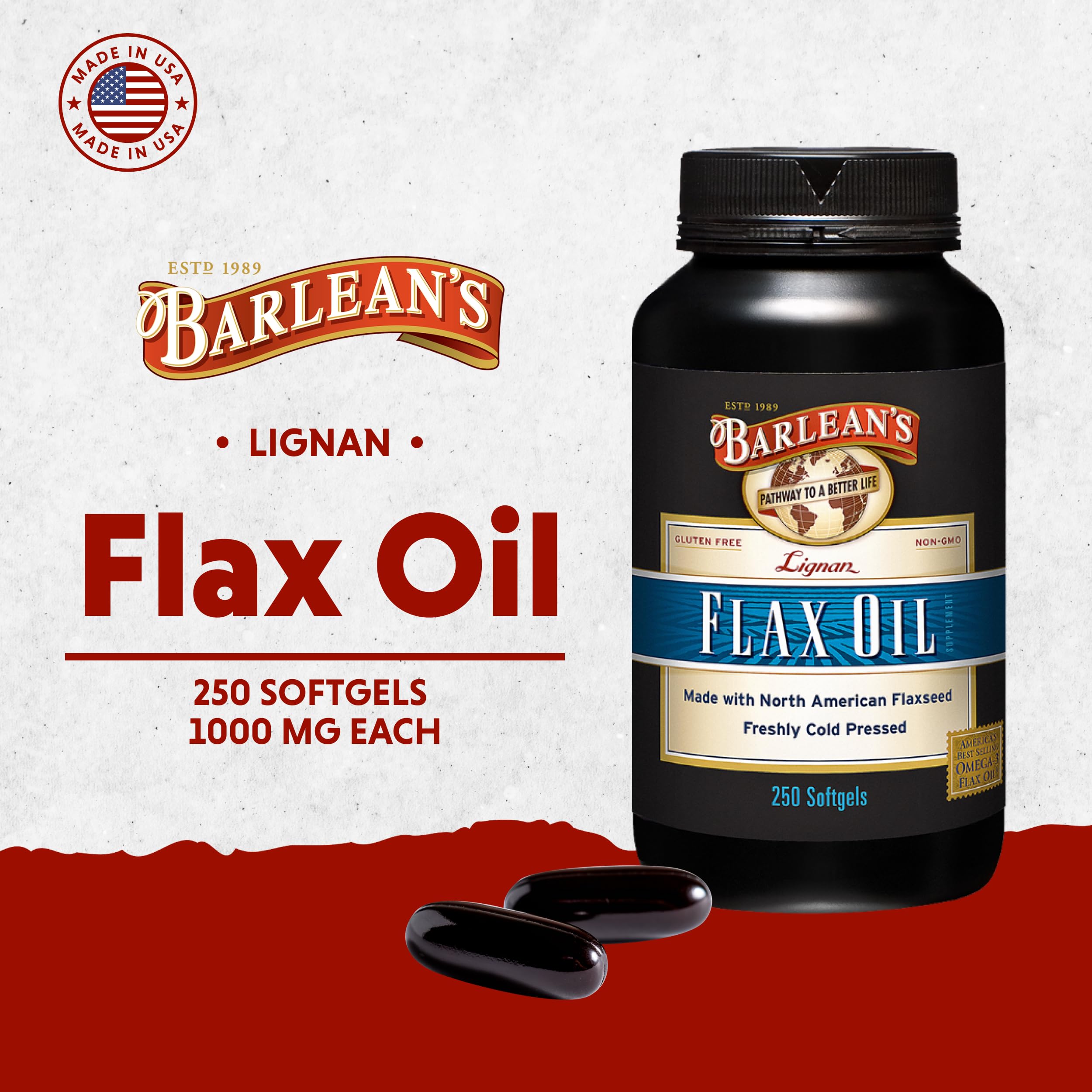 Barlean's Flax Seed Oil Softgels opened bottle with softgels displayed