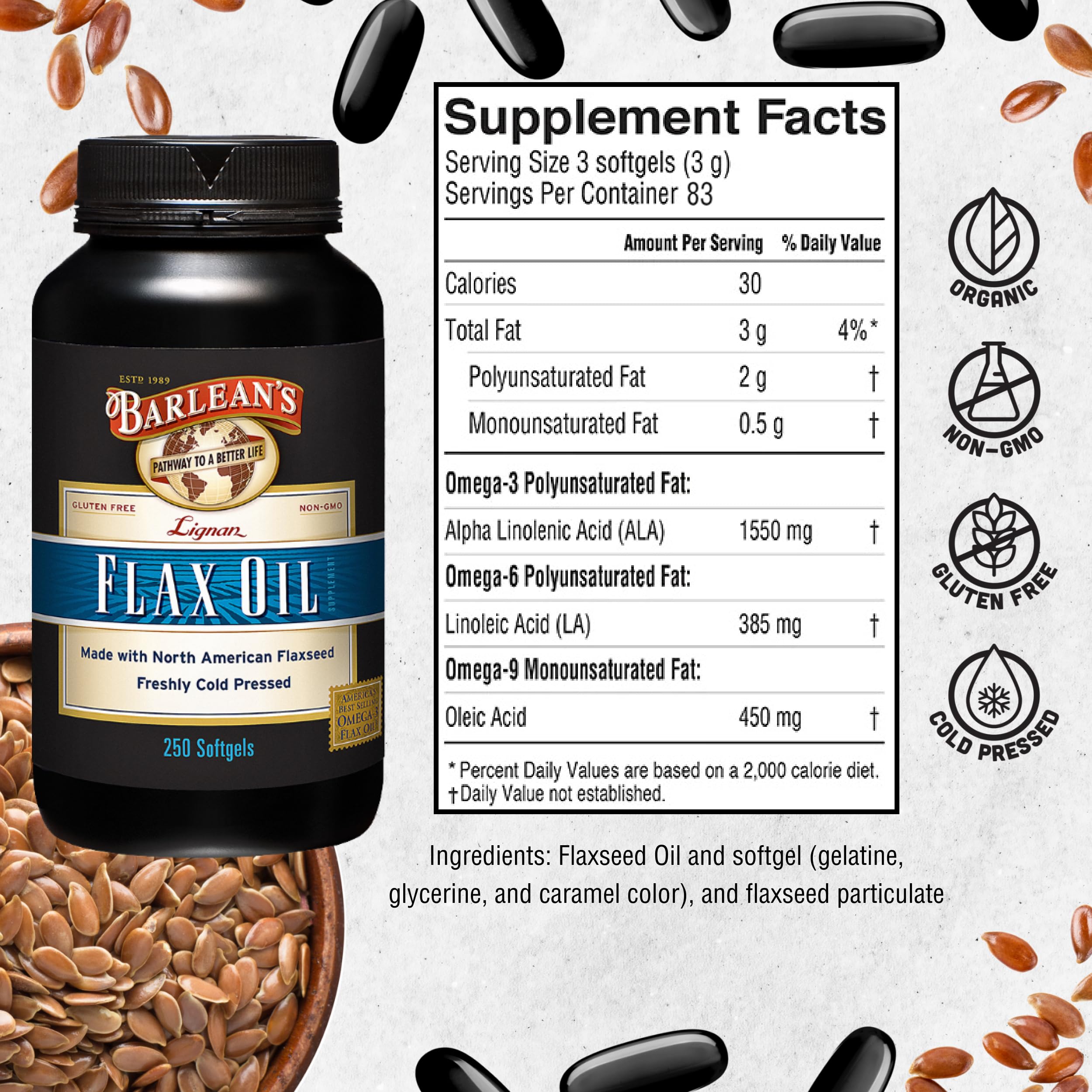 Barlean's Flax Seed Oil Softgels side view showing softgel size