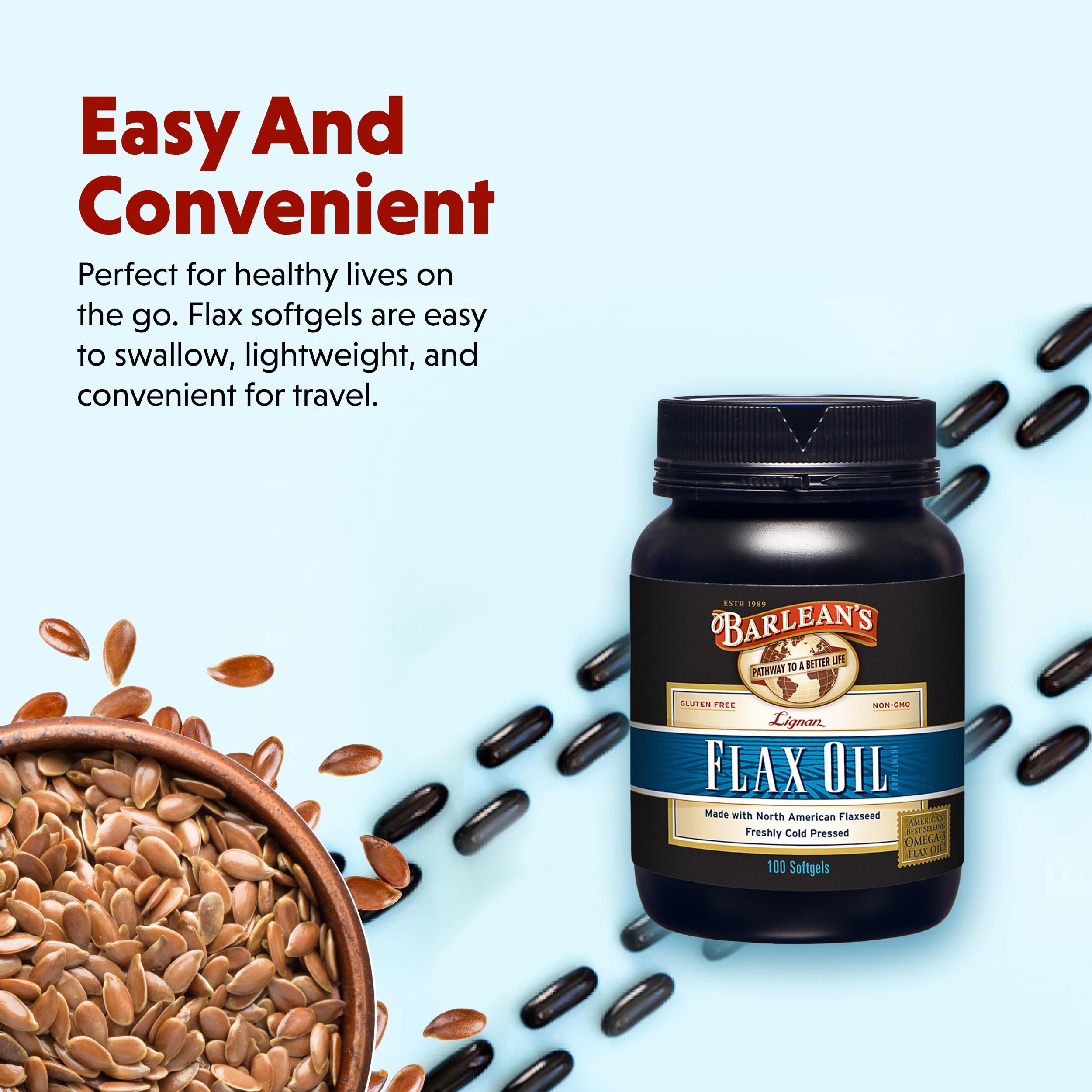 Barlean's Flax Seed Oil Softgels with a measuring spoon